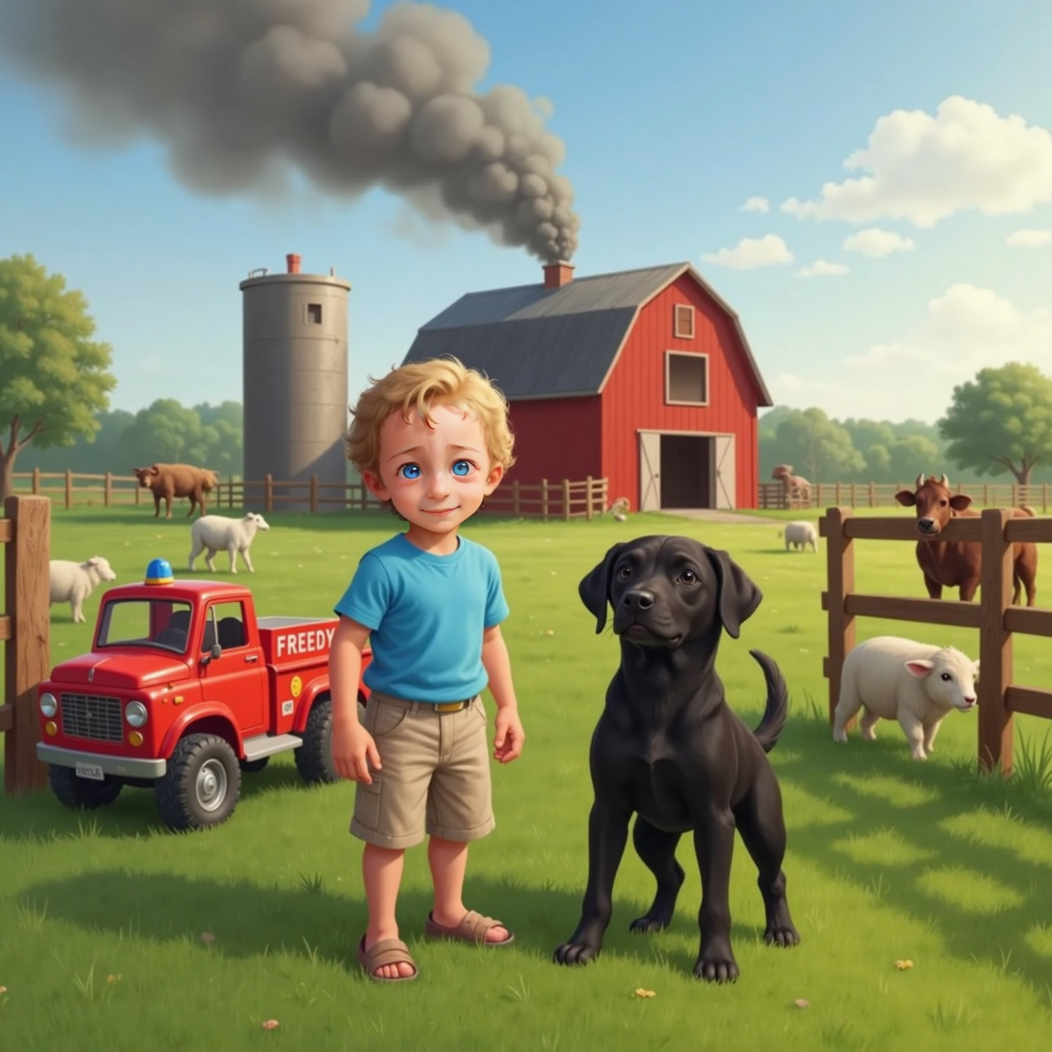 Andy the friendly black labrador with a happy face stands alert, nose in the air, with Jaxon looking worried beside him. Freddy Firetruck’s siren glows softly. In the distance, smoke rises from a big red barn. Farm animals in the background looking surprised.
