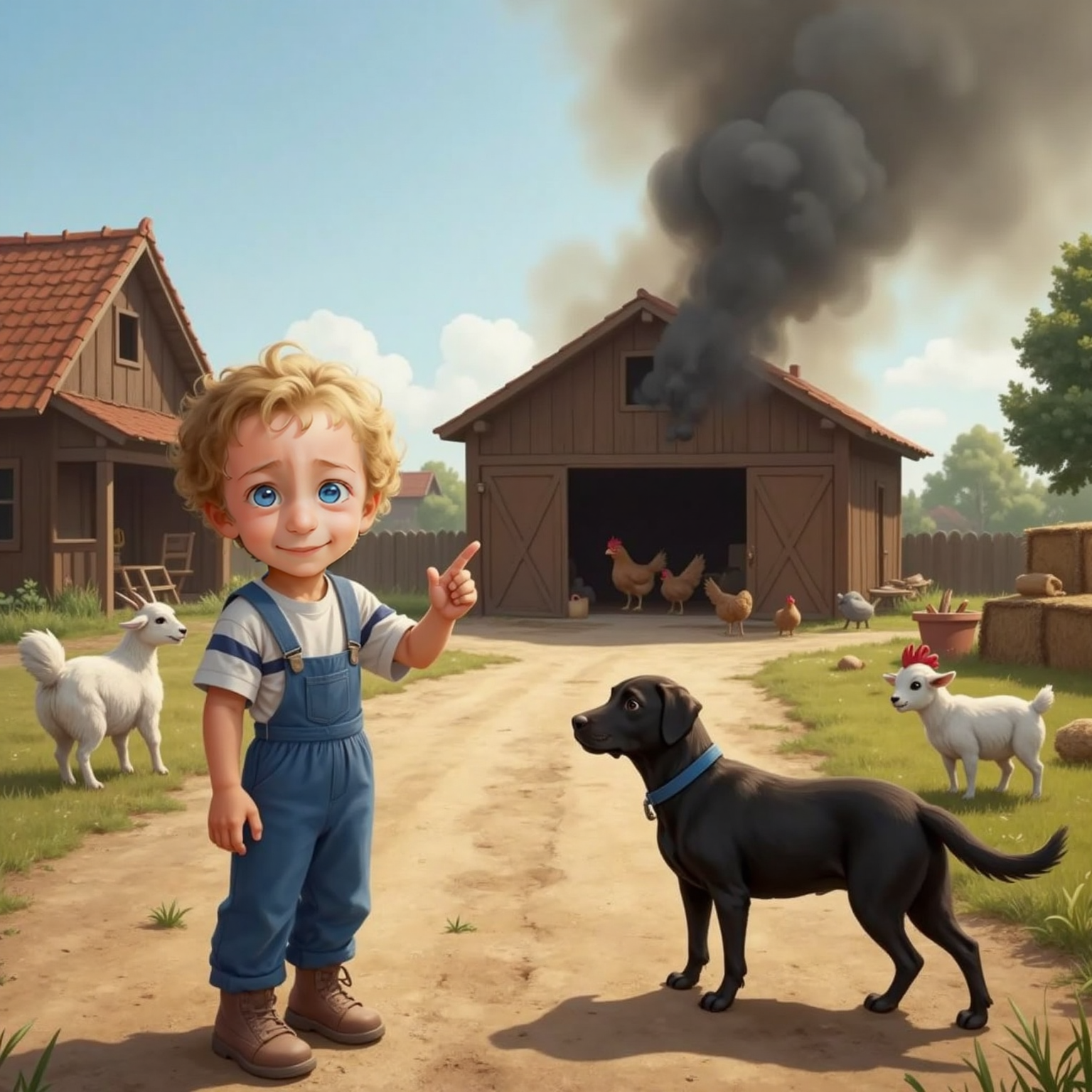 Jaxon with wide eyes points toward the barn with smoke in the background. Chickens and goats look alarmed, some running in circles. Andy the black labrador stands ready beside Jaxon. The farmyard is filled with tense atmosphere.
