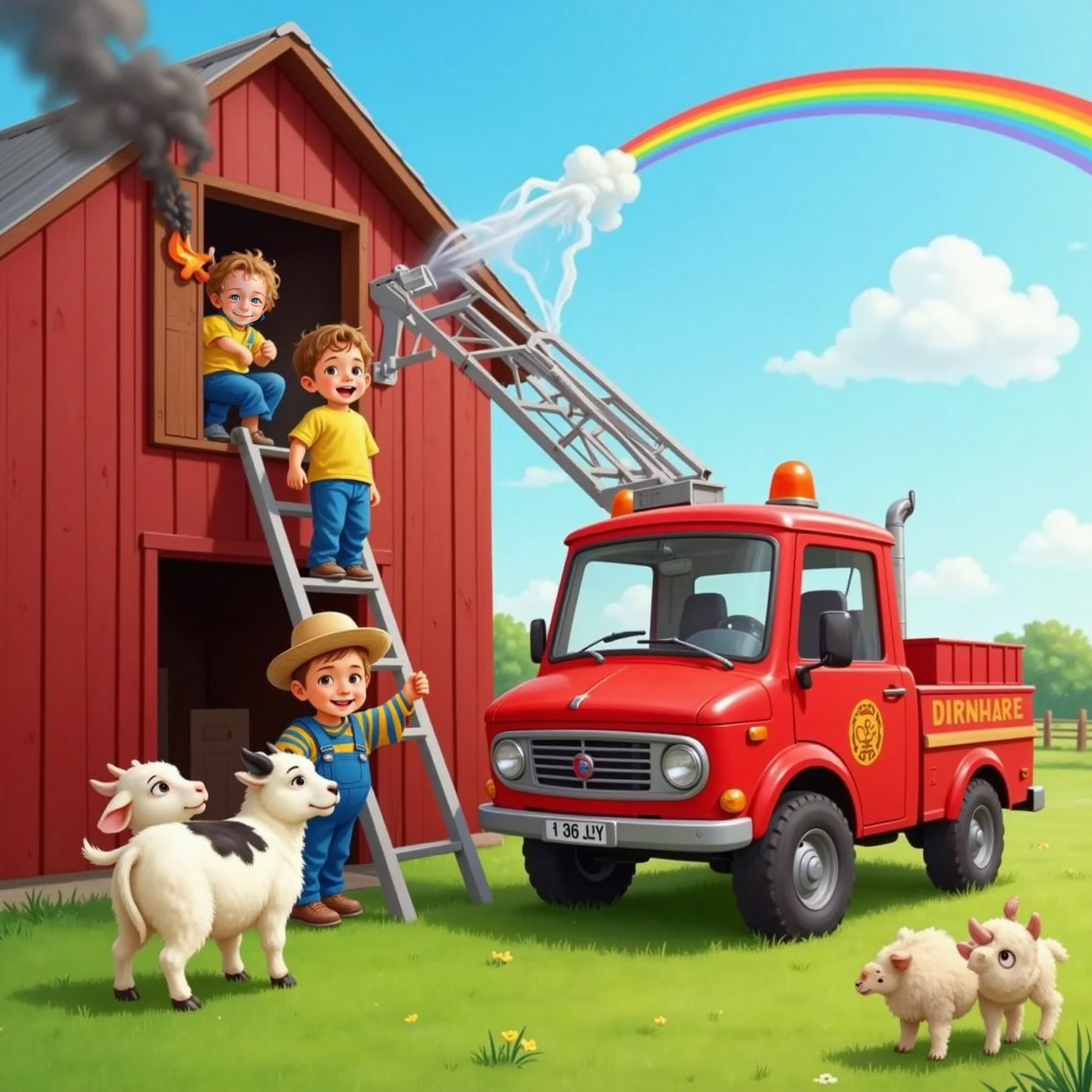 Freddy Firetruck stretches his tall ladder up to a smoky barn window. Jaxon climbs the ladder with Andy beside him. Lilly the cow stands below, looking up with concern. A rainbow spray of water from Freddy’s hose, with Sally Sheep and Didi herding animals in the background.