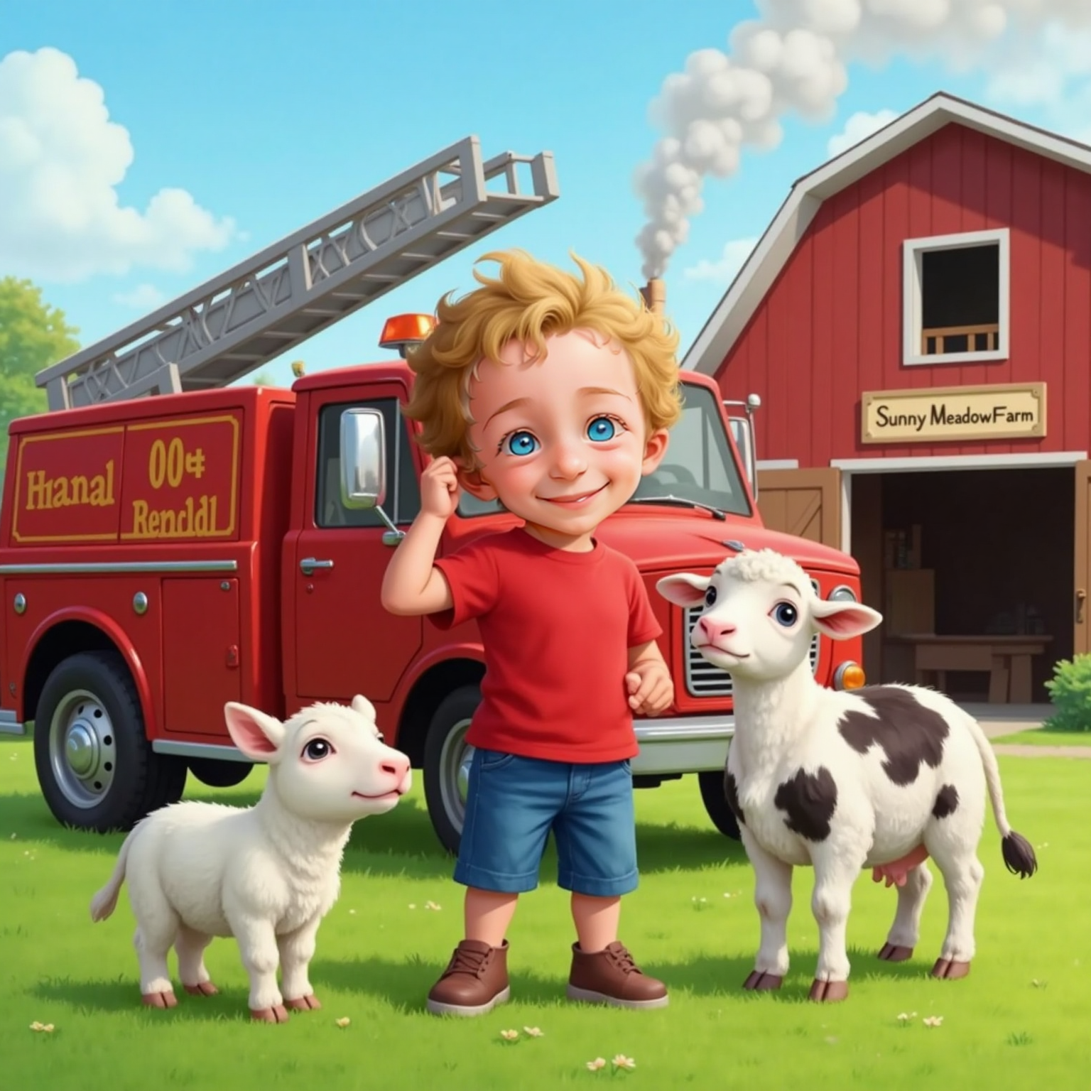 Jaxon grinning and wiping his brow next to Freddy Firetruck, who looks proud. Sally Sheep’s two lambs bleat joyfully nearby. Lilly the cow stands close, smiling. Smoke fades in the background, and the barn is safe.