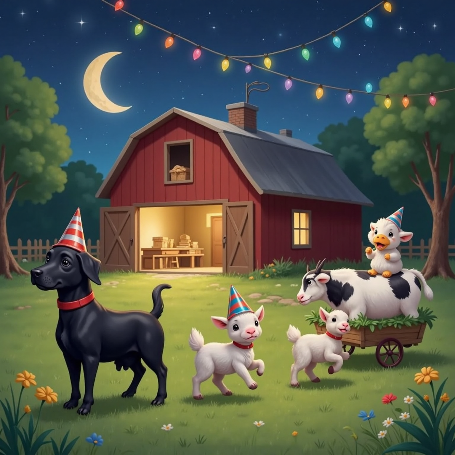 A nighttime farm parade: Andy the black labrador leads the way, marching proudly. Goats in silly hats bounce behind him. Lilly the cow gives rides to two lambs, and Didi the duck quacks a song. Festive lights hang above, and the barn glows in the background.