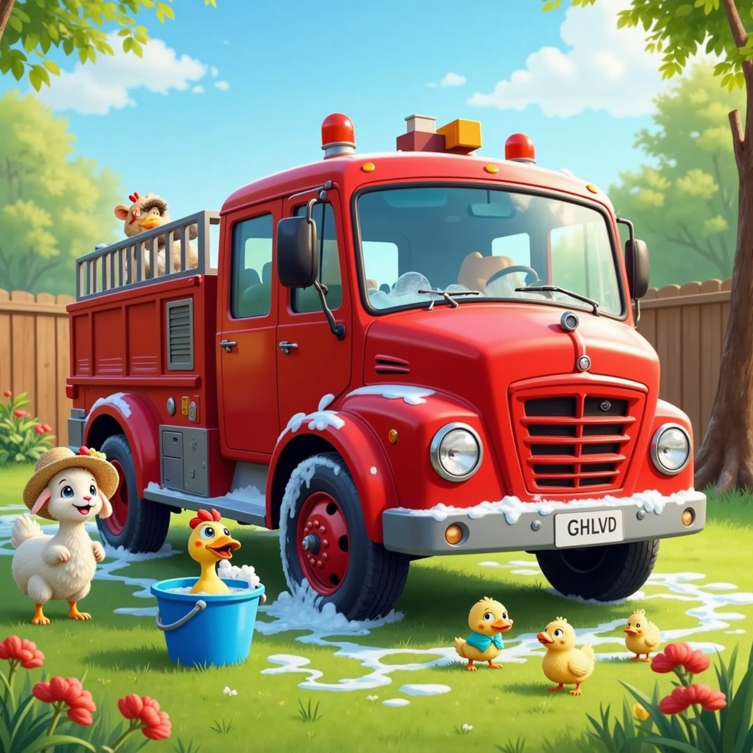 Freddy Firetruck, big and red with a smiling face, gets a bubbly scrub. Andy the black labrador leads the animals: Sally Sheep soaps Freddy’s wheels, Didi the duck rinses with a bucket, and chickens polish his shiny sides. Freddy sparkles, surrounded by smiling friends.