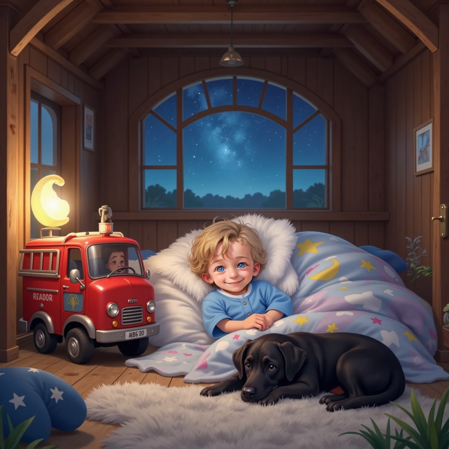 Jaxon snuggled in a soft bed, smiling and surrounded by plush blankets. Freddy Firetruck is parked nearby, looking content and clean. Andy the black labrador is curled up close, watching over everyone. The barn is peaceful under a starlit sky.