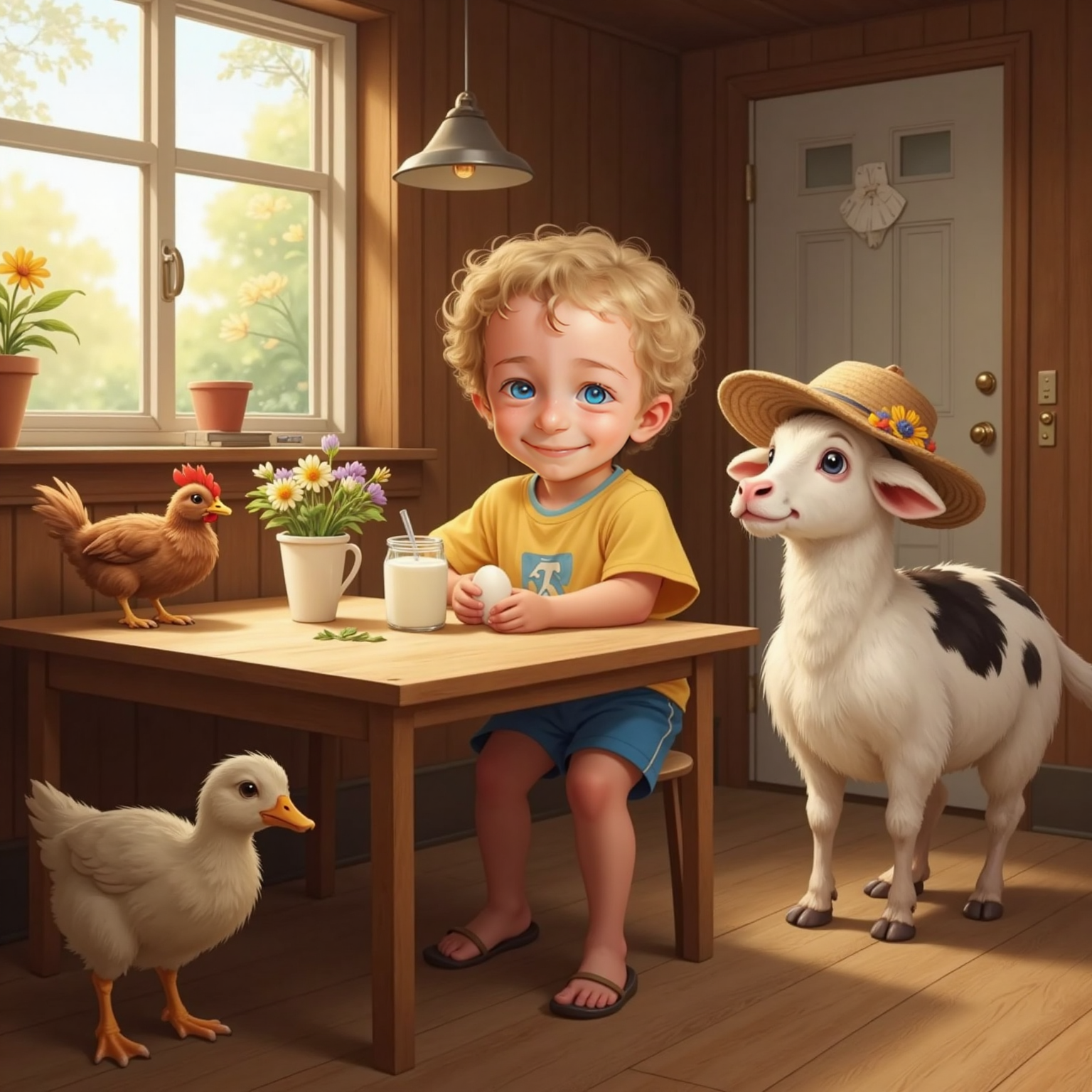 Jaxon at a breakfast table decorated with flowers by Sally Sheep, holding a shiny fresh egg given by a chicken. Lilly the cow stands beside him with a pitcher of warm milk. Didi the duck waddles by, quacking happily. The morning sun streams in.