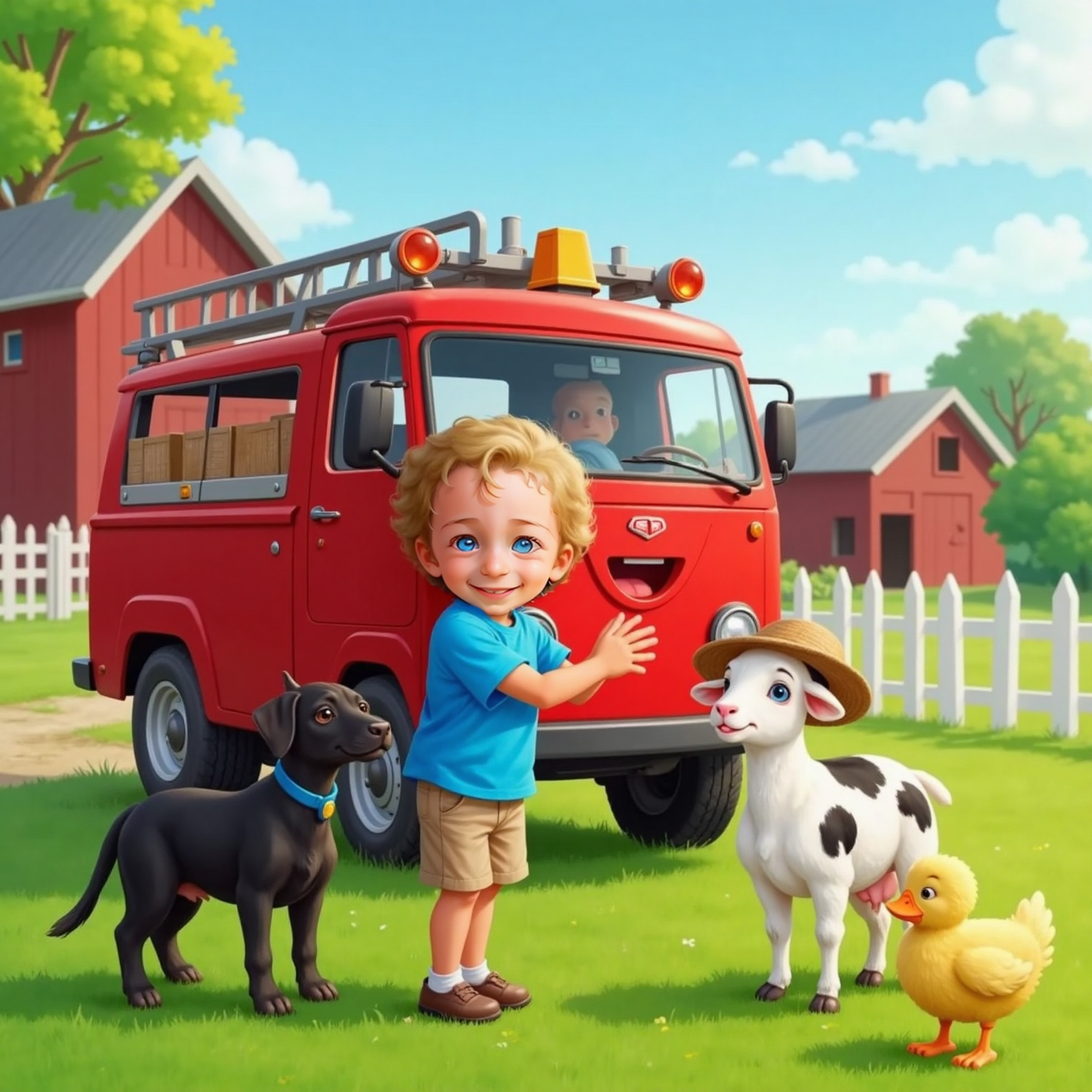 Jaxon hugging Freddy Firetruck, waving goodbye to Lilly the cow, Sally Sheep, Andy the black labrador, and Didi the duck, who all wave and smile. The sunny farm and red barn in the background, with laughter and happiness in the air.