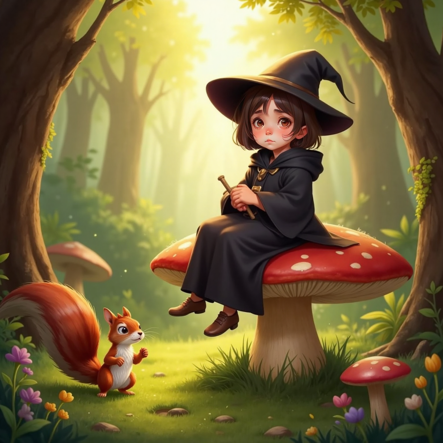 Willow the Wishful Witch sitting on a large red mushroom, her wide-brimmed hat flopping over one eye, looking worried. Dizzy Squirrel (Nibbles), a red squirrel with a fluffy tail bigger than his body, is nearby on the mossy forest floor. The background is a magical forest with dappled sunlight.