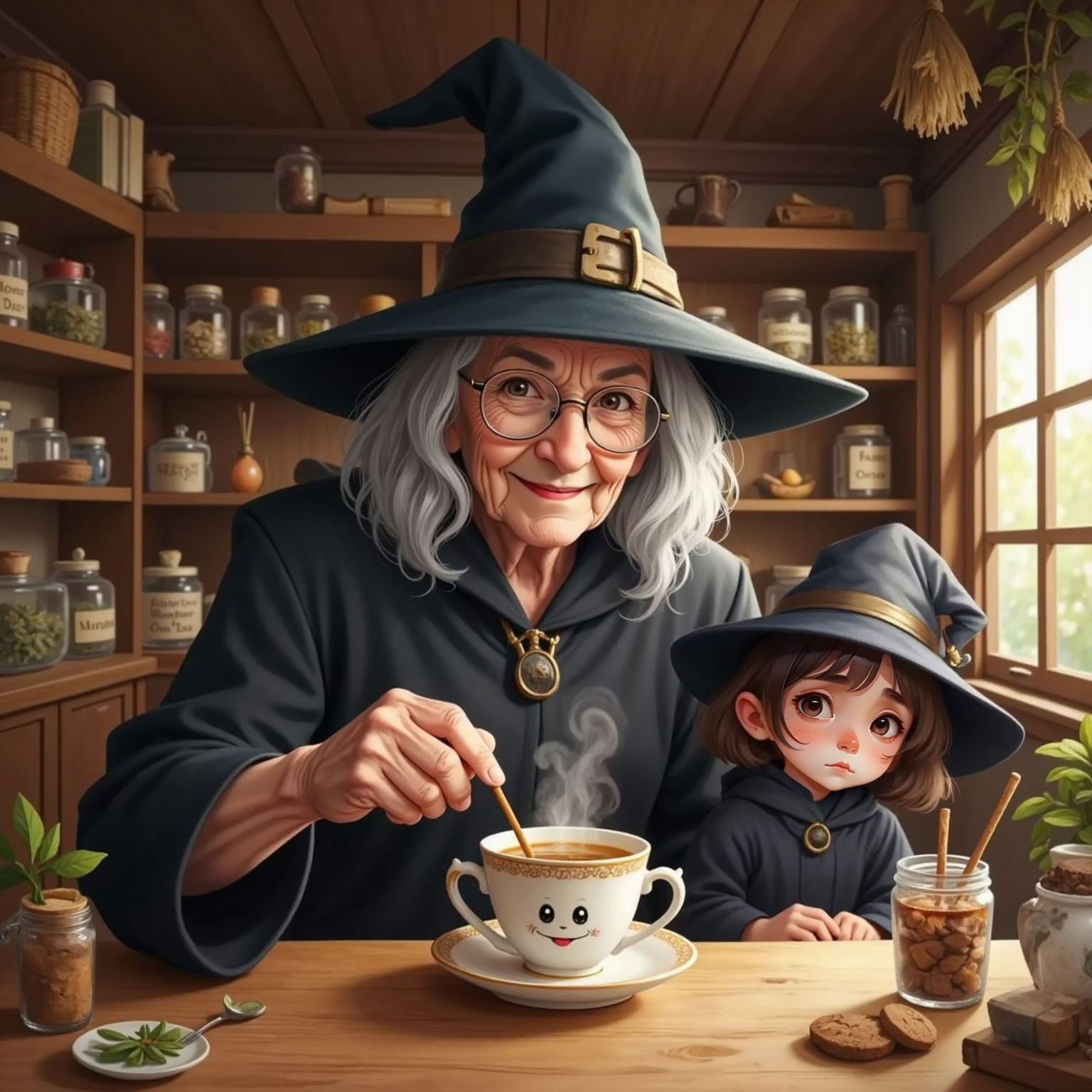 Granny Gingersnap, an old witch with silvery hair, a hat and glasses, pouring tea into the smiling Teacup with a Face on a wooden table. Willow the Wishful Witch peeks up shyly from behind the table, holding her wand tightly. Shelves of magical jars and herbs in the cozy cottage background.