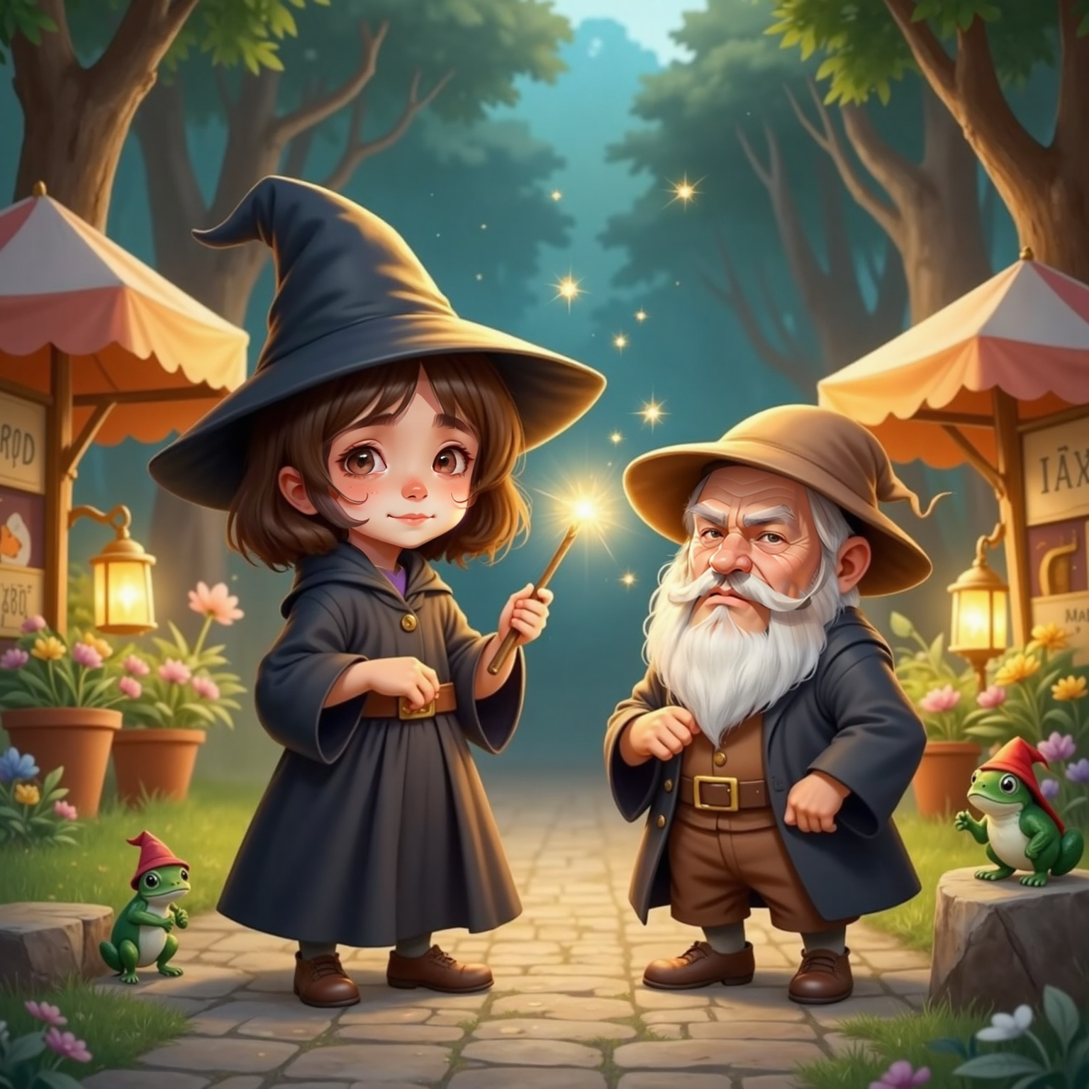 Festival Frog, a plump green frog in a tiny wizard hat, stands on a colorful festival path. Grumpy Gnome (Mr. Thistletoes), a short gnome with a big nose, tangled beard, mushroom-cap hat and bushy eyebrows, has bright streamers tangled in his beard. Willow the Wishful Witch stands nearby, eyes closed and smiling gently, a soft shower of twinkling sparks floating above her hat.