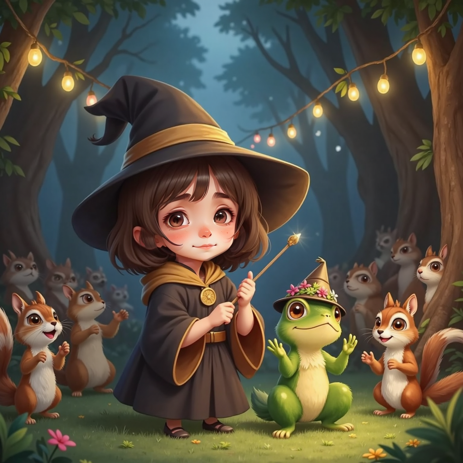 Festival Frog clapping his green hands with a big smile. Willow the Wishful Witch beaming with pride, her hat still flopping over one eye, as tiny magical lights float in the air. A cheering, festive crowd of woodland creatures in the background.