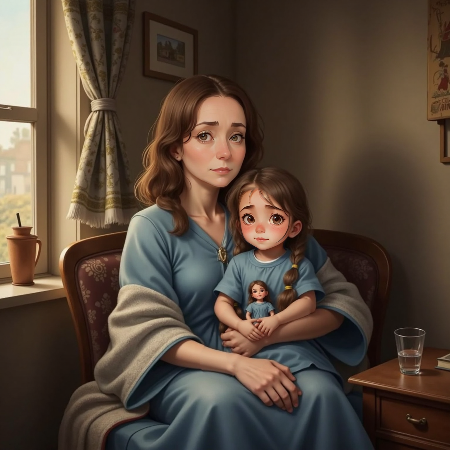 Mamá, a 45yo sick woman, embracing Vasalisa, an 8yo girl with a small magical rag doll in her hand, a cozy home interior in the background.