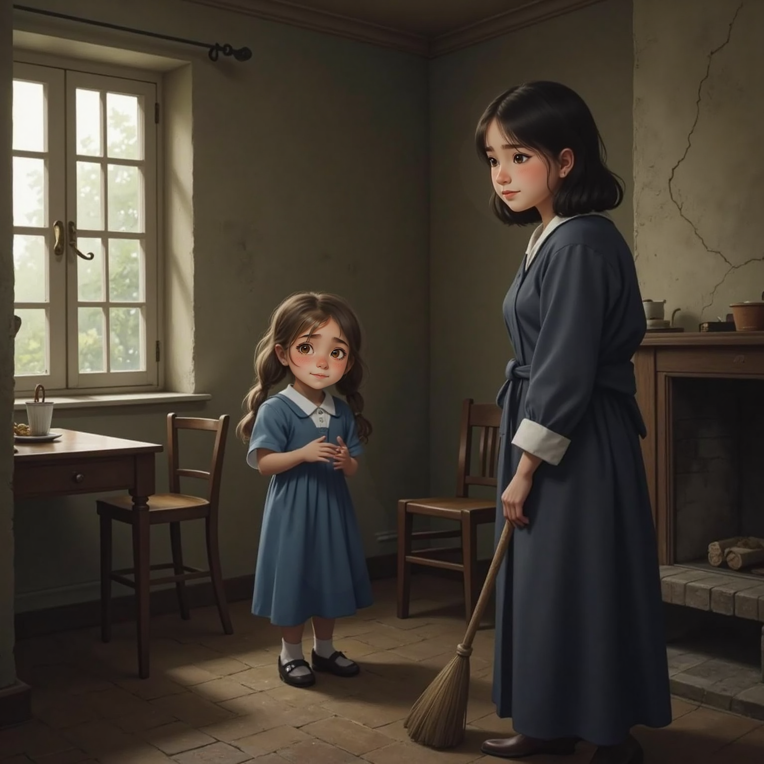 8yo girl, looking sad and holding a broom, stands in a dimly lit house as her stepmother with medium black hair watches her with an angry stare alongside with Vasalisas 2 stepsisters an 8 y/o and a 11 y/o 