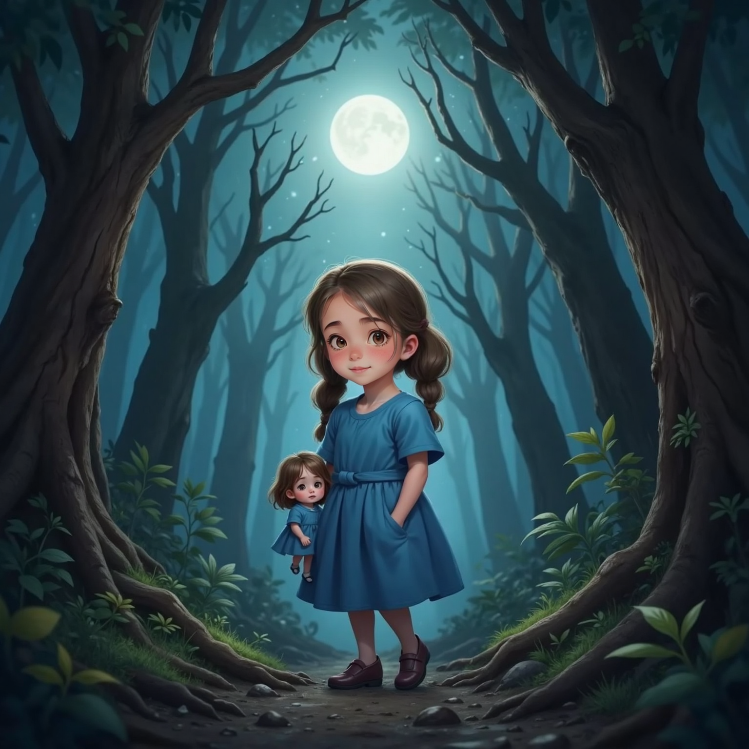 Vasalisa with a determined serious and scared face, walking through a dark forest at night, holding the magical doll in her pocket.
