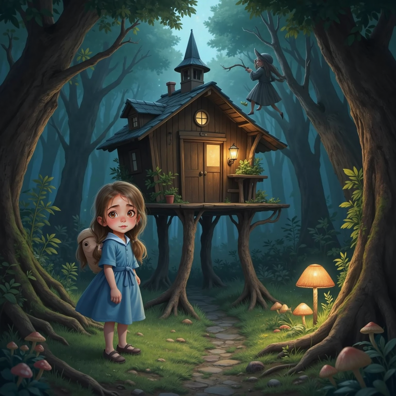 Vasalisa staring at Baba Yagá's house with chicken legs, deep in a mysterious forest. Baba Yagá, a witch flying on her broom, eyes bright as fire, graying hair, long nails, scary looking, hovers nearby.