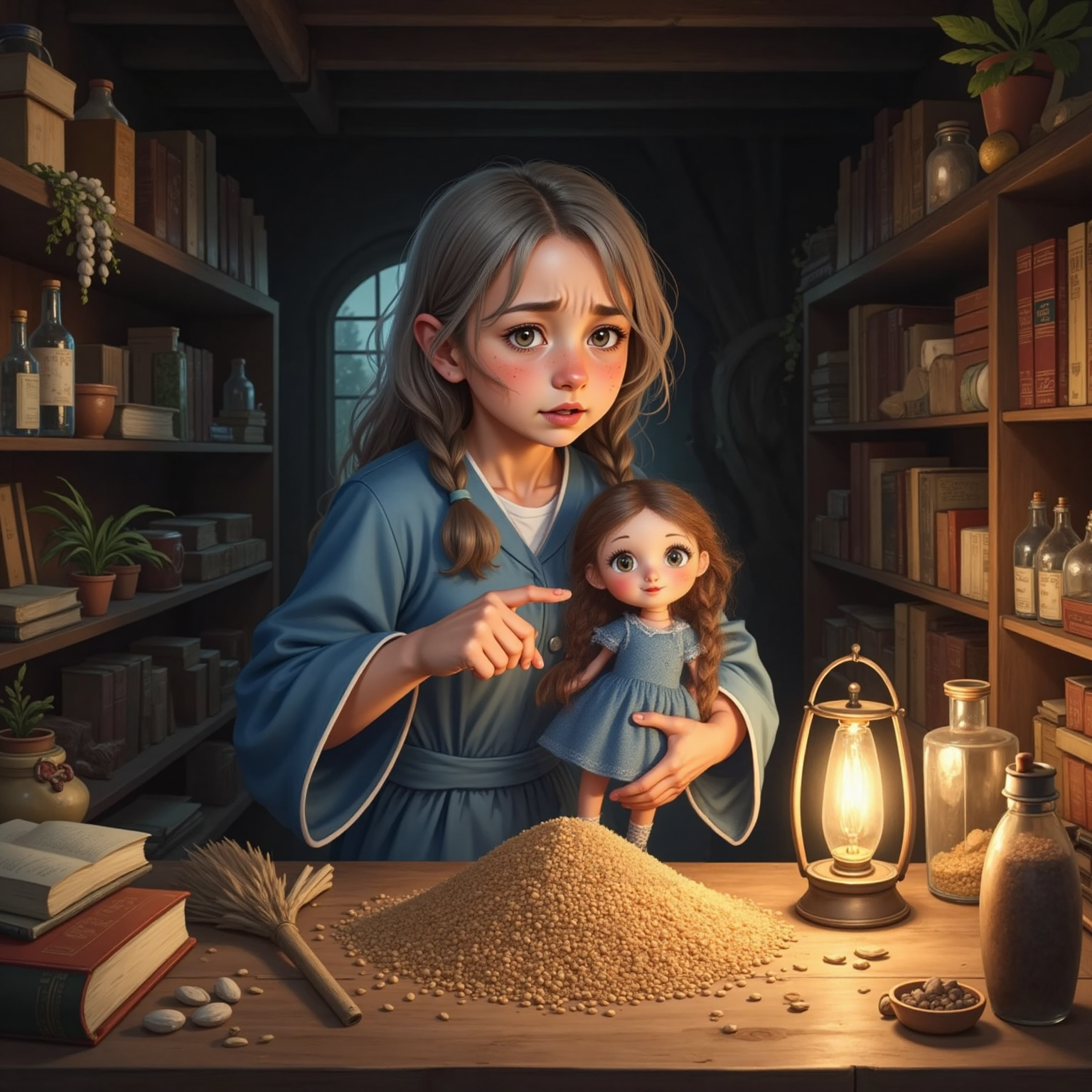 Baba Yagá, a witch with fiery eyes, graying hair, and long nails, pointing at a pile of wheat and lentil seeds in a dark, cluttered hut. Vasalisa looks worried, holding her magical doll.