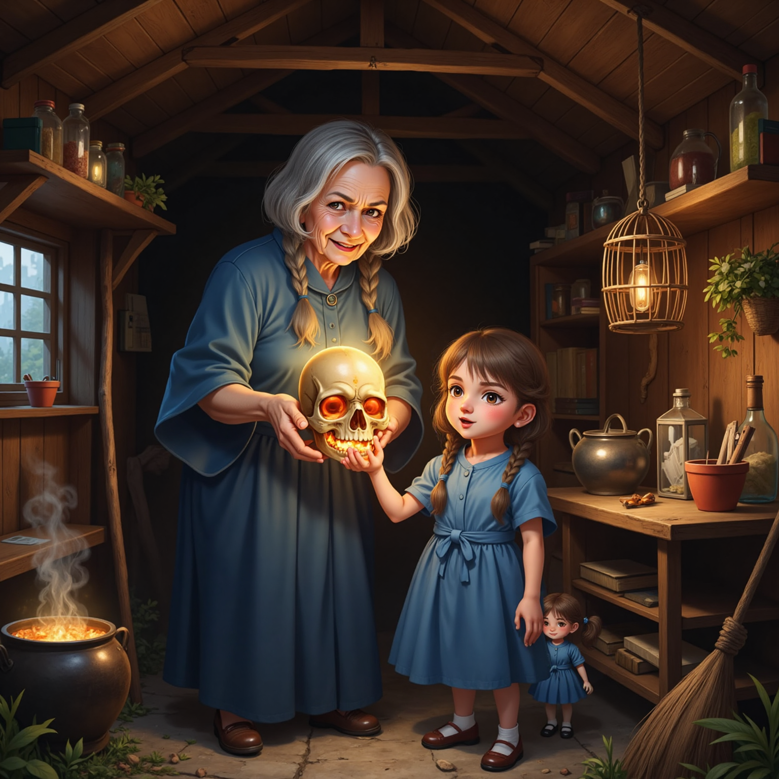 Baba Yagá, angry expression, handing a skull with glowing fire inside to a calm and serious Vasalisa inside a shadowy hut, with her magical girl doll just peaking through her dress