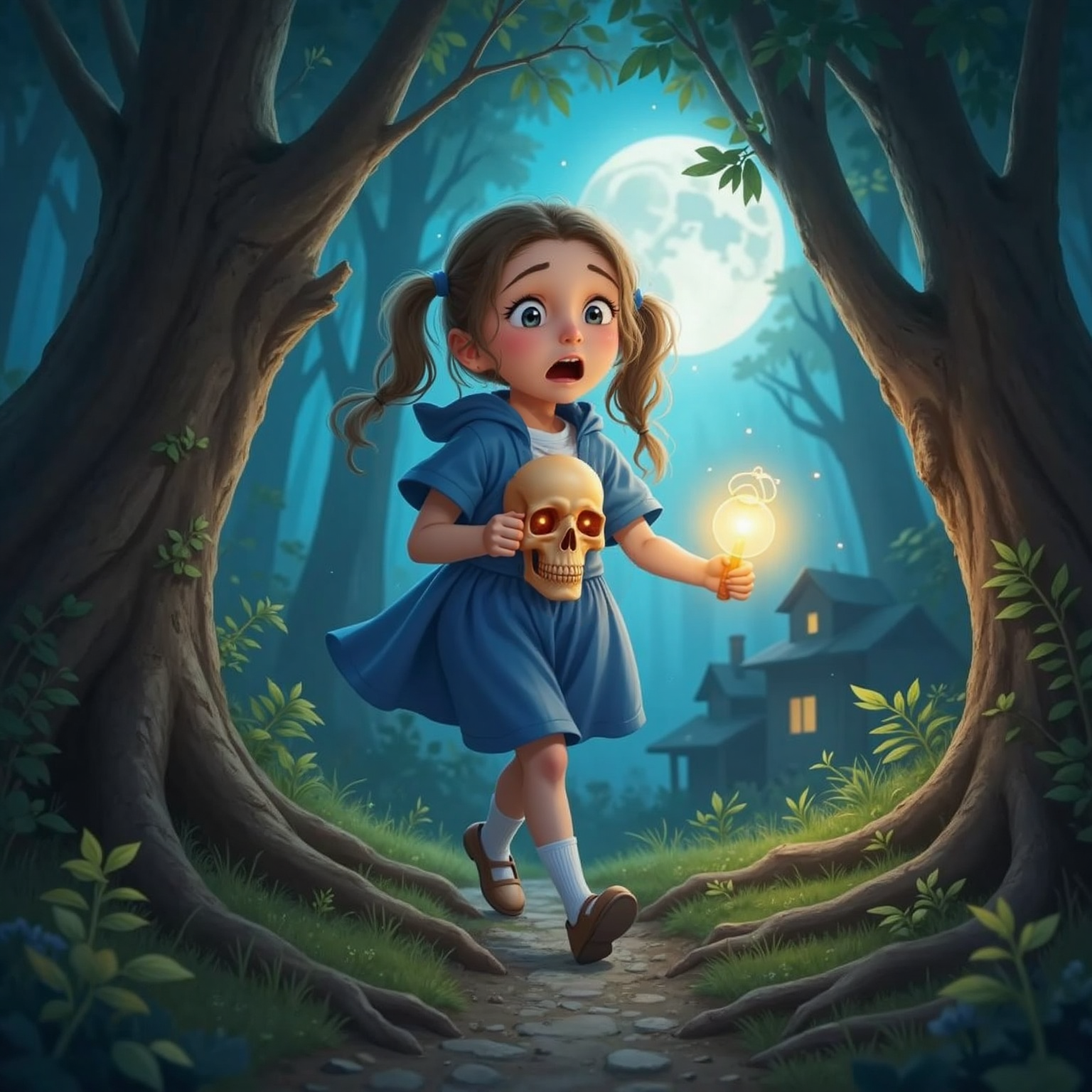 Vasalisa holding the glowing skull, running through the forest her magical girl doll peaking through her dress, and seeing just enough of her house in the horizon.