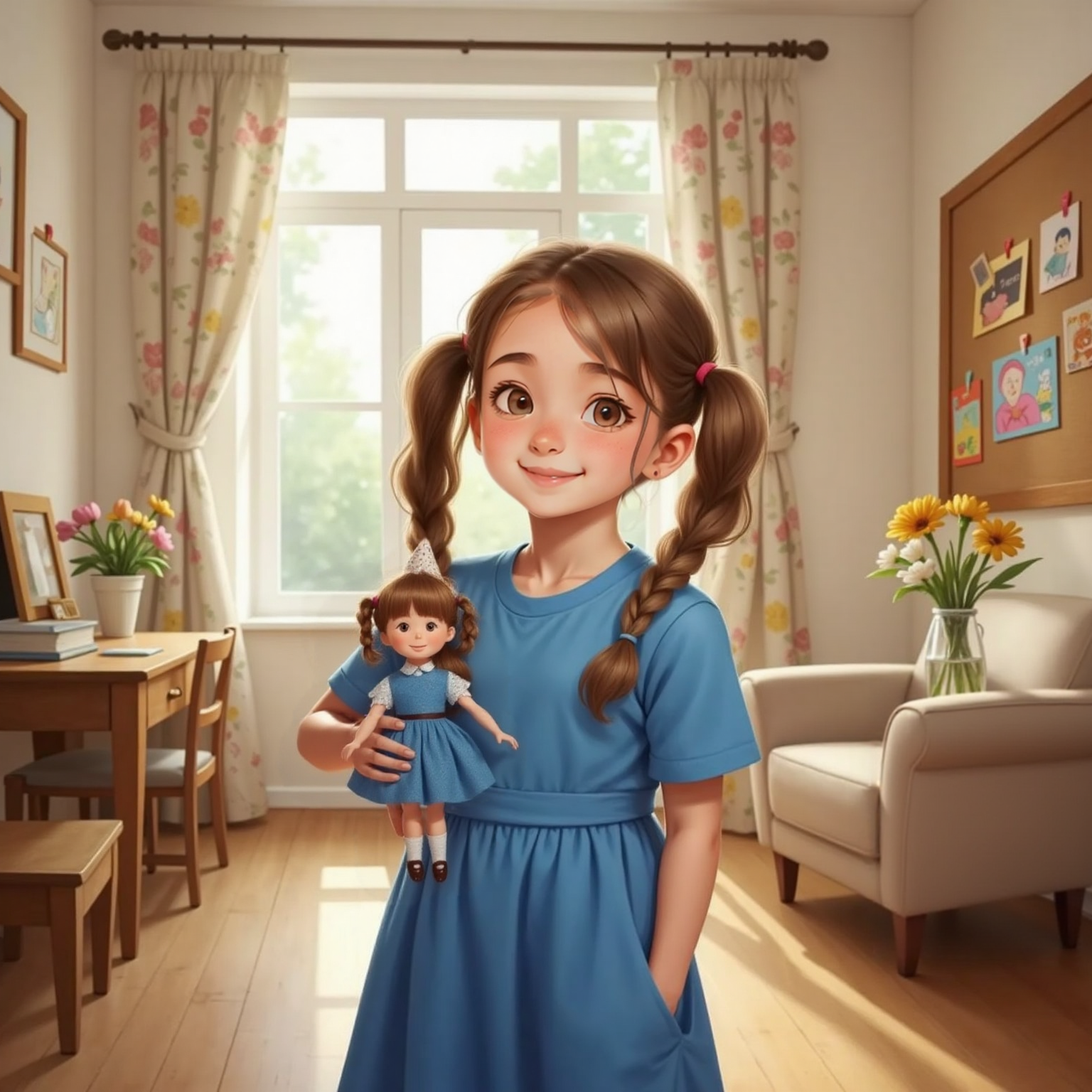 Vasalisa smiling, in a bright, cheerful house. The magical doll peeks out of Vasalisa's pocket.ed 
