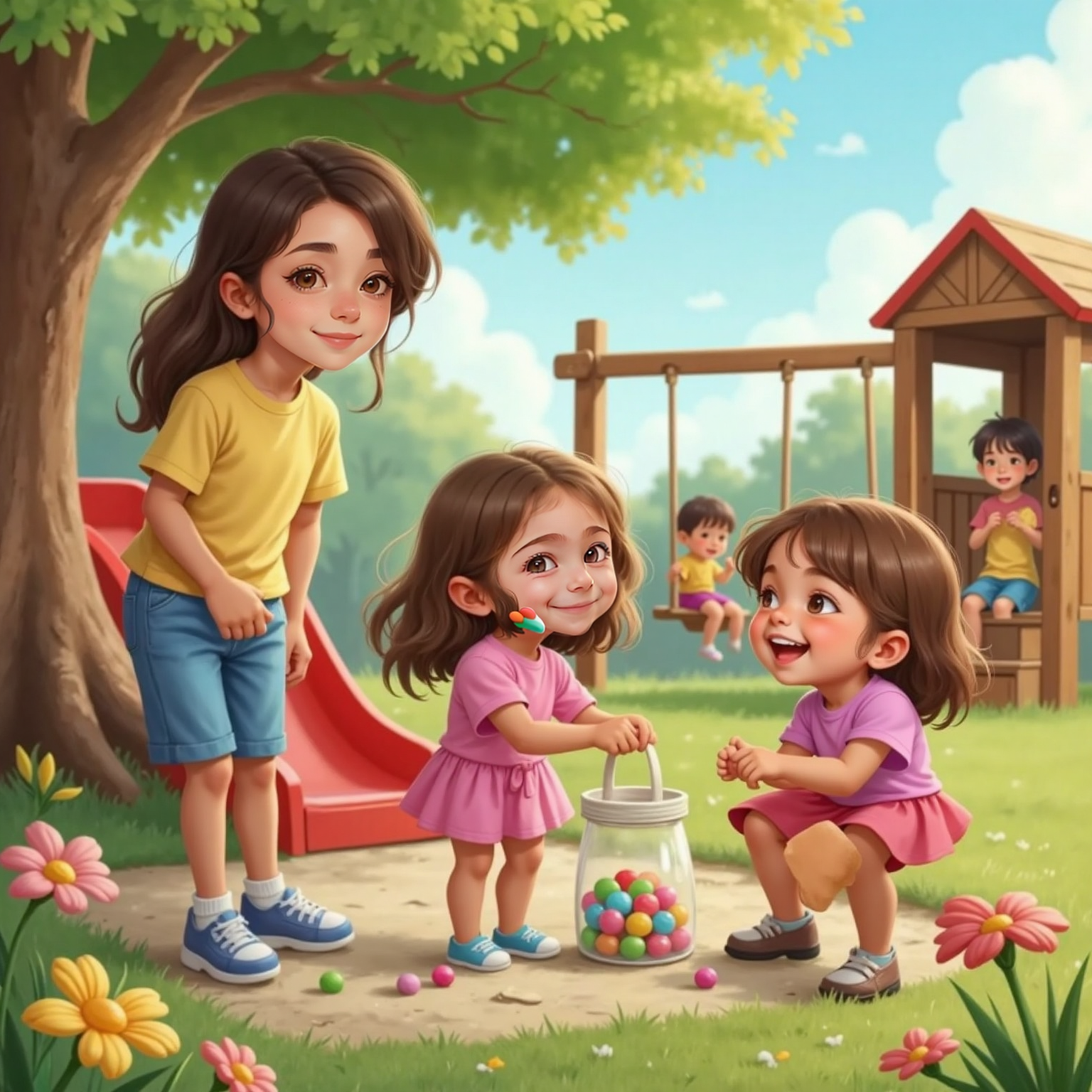 Riki with brown hair, giggling and sharing gum balls with two smiling friends in a sunny playground. Mommy, a 37-year-old woman with gentle eyes, stands nearby, smiling happily.