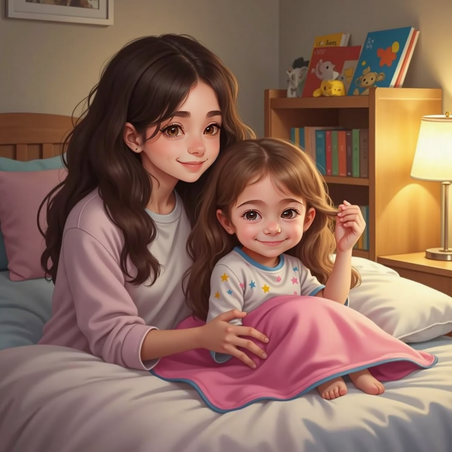 Riki in cozy pajamas, hugging her pink Cocomelon blanket, sitting on her bed. Mommy, brushing Riki's hair, smiles gently. A softly lit bedroom with a bookshelf in the background.