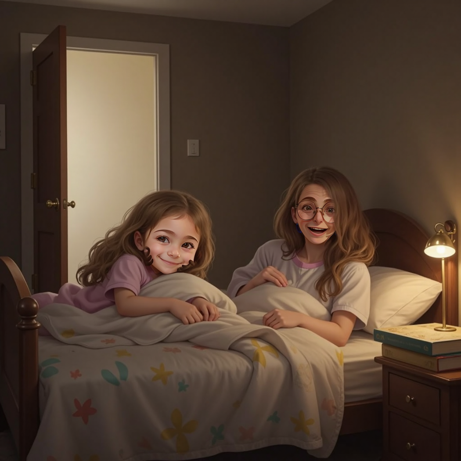 Riki snuggled under covers in a dimly lit bedroom, peeking toward an open door. Mommy, a 37-year-old woman, sits on her bed, making space for Riki. Both look a bit tired but loving.