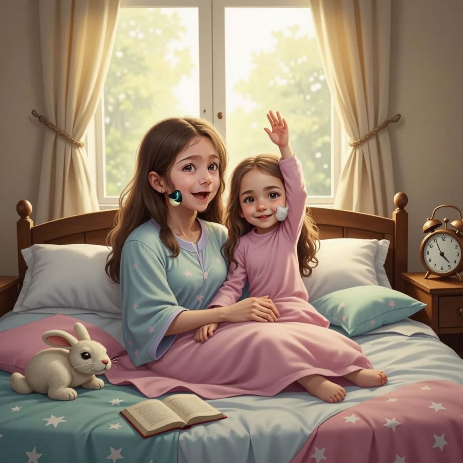 Riki and Mommy lying in a messy bed with squashed pillows and tangled blankets. Riki stretching and yawning, Mommy smiling sleepily with tired eyes. Morning sunlight filters into the room.