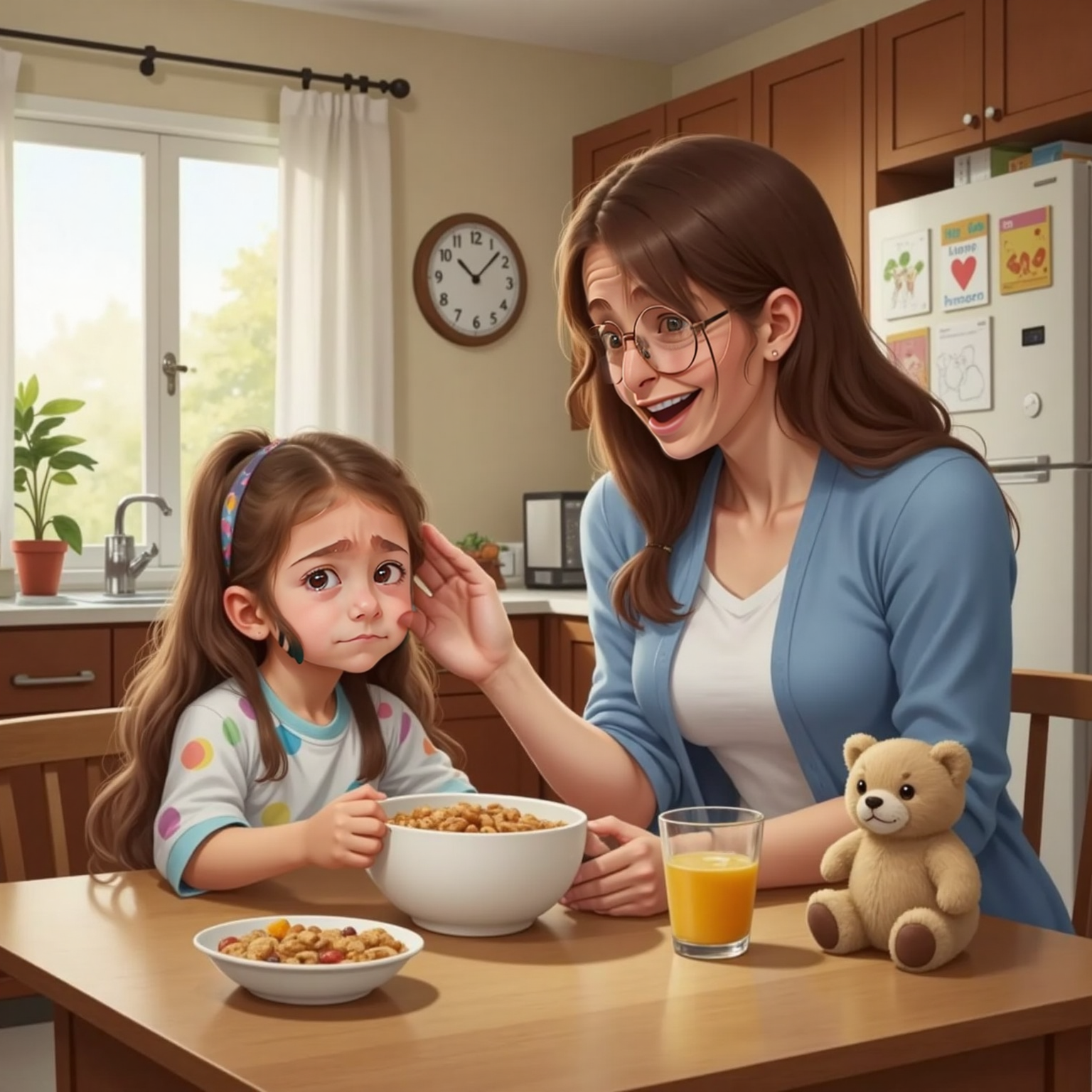 Riki and Mommy sitting at a kitchen table. Mommy gently brushing Riki's cheek, Riki frowning and looking at her toes. A cozy kitchen in the background with a bowl of cereal on the table.