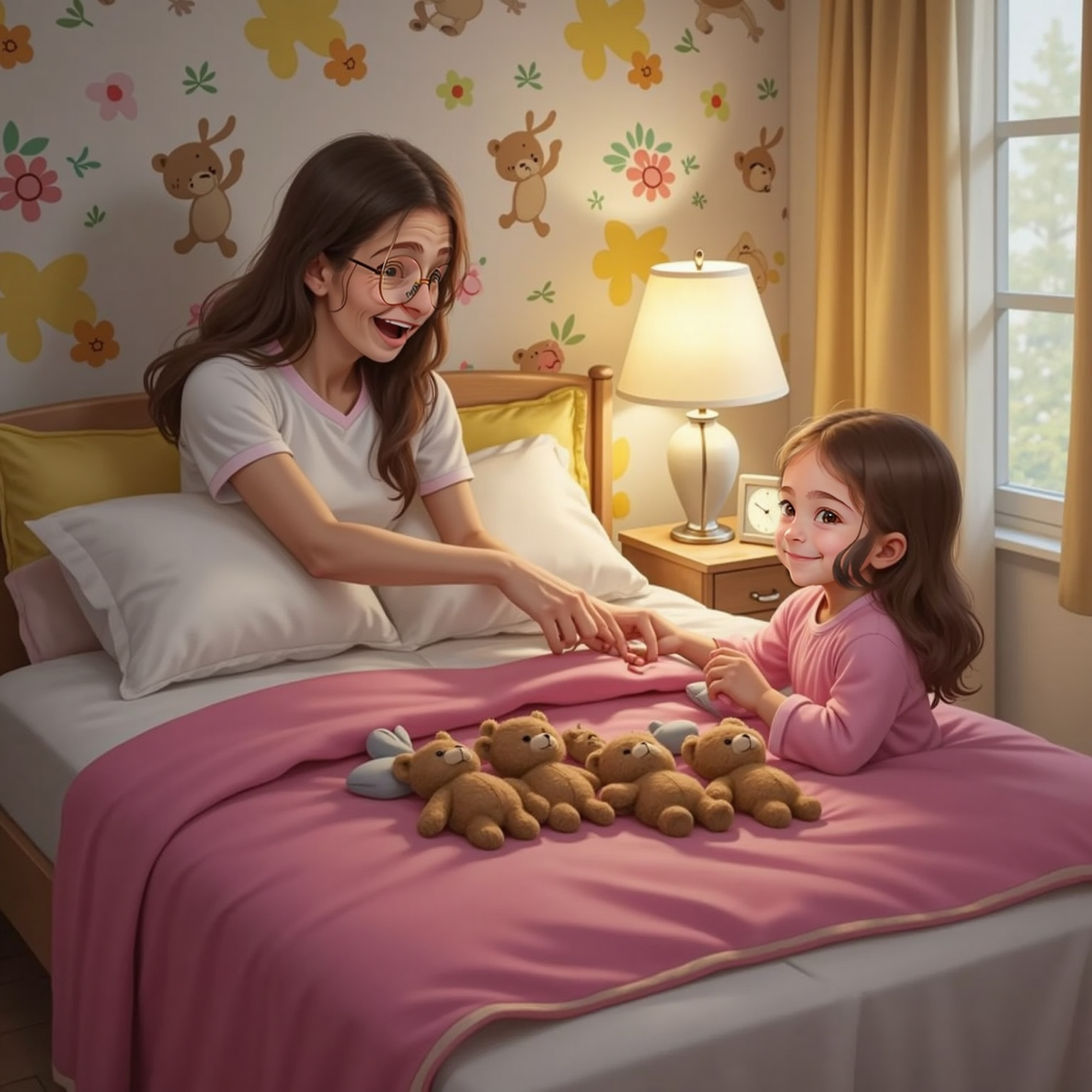 Riki and Mommy fluffing pillows and tucking in Riki’s pink Cocomelon blanket on her bed. Riki arranges teddy bears in a circle, Mommy places a small photo of herself by the nightlight. The room looks cozy and bright.