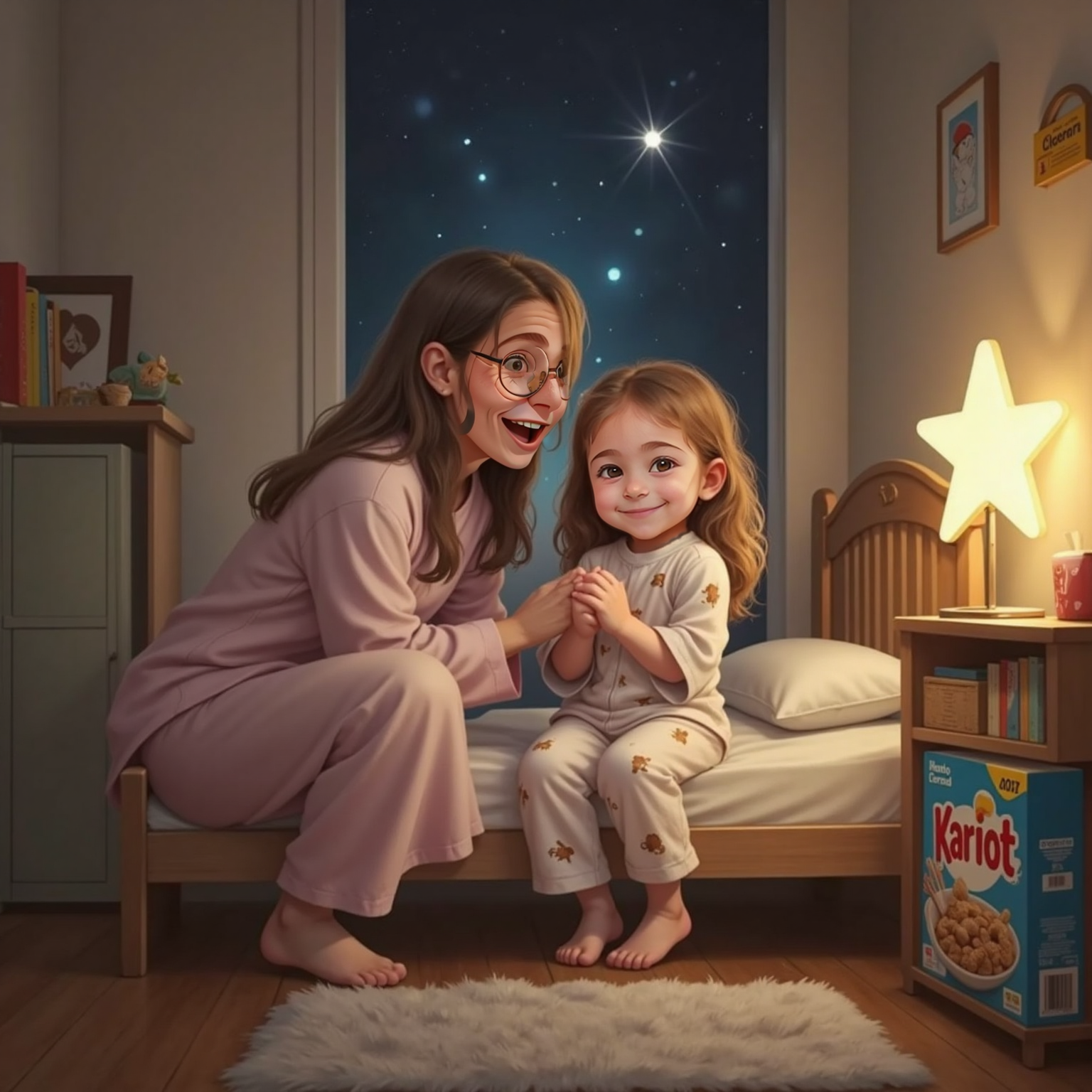 Mommy kneeling by Riki’s bed, holding Riki’s hand. Riki giggling, hugging Mommy. A bright nightlight and a box of Kariot cereal visible on a nearby shelf.