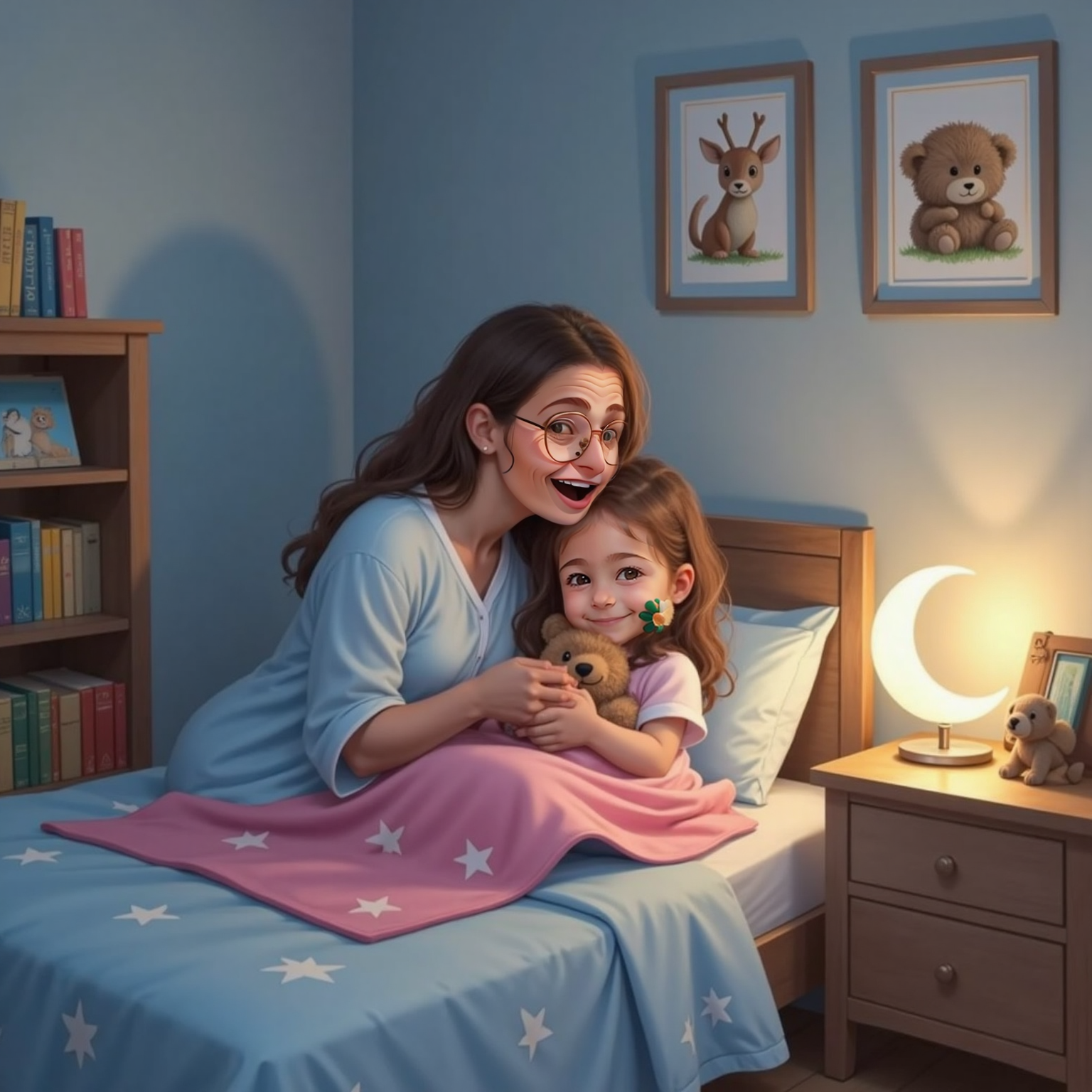 Mommy giving Riki a long hug as she tucks her into bed. Riki clutches her teddy bear and pink Cocomelon blanket, smiling sleepily. The nightlight glows softly beside them.