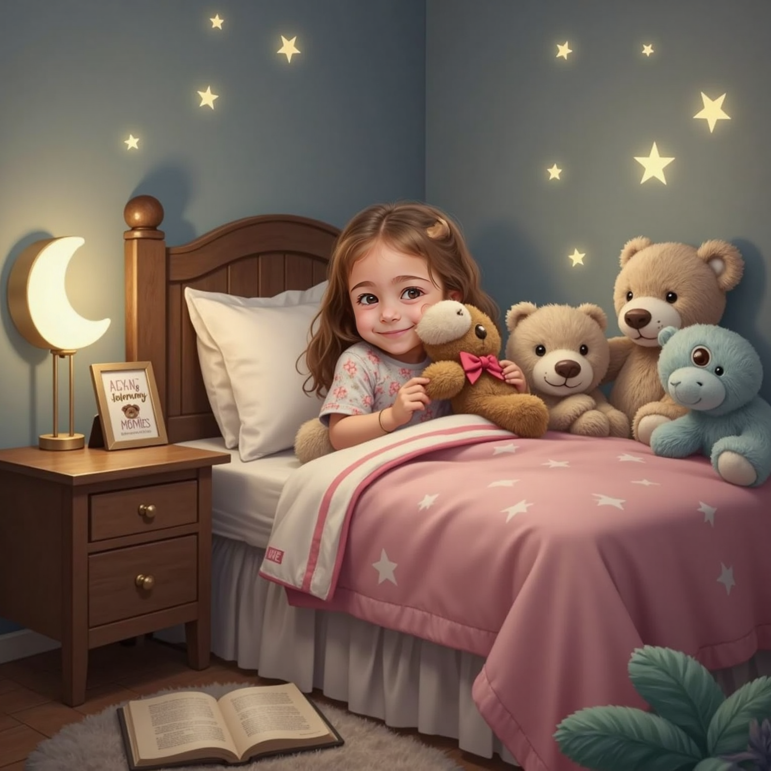 Riki in bed, smiling softly, holding her teddy bear and pink blanket. Mommy’s photo stands by the nightlight. Several teddy bears arranged around her. The room feels warm and safe.