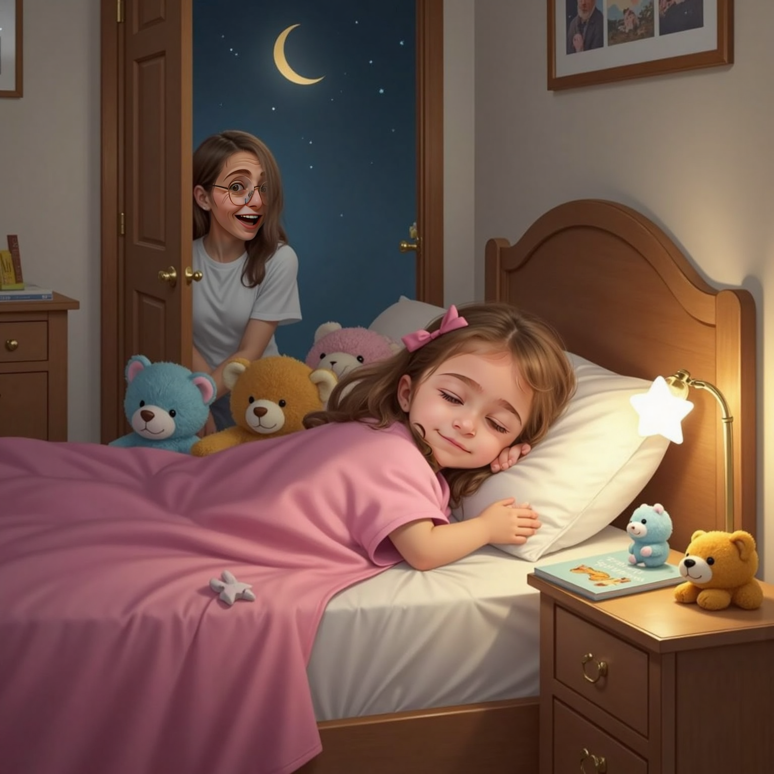 Riki asleep in her bed, surrounded by teddy bears and her pink Cocomelon blanket. Mommy peeks in through the door, smiling proudly. The room is peaceful and quiet.