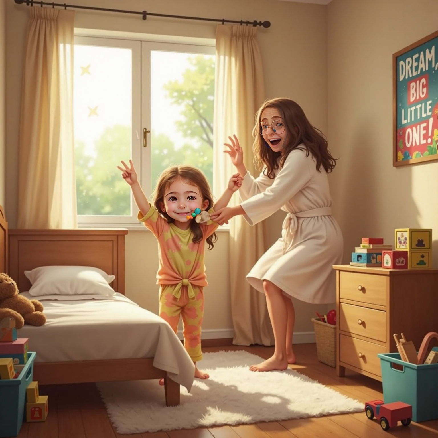 Sunshine streams into Riki’s bedroom. Riki stands by her bed, grinning and raising her arms in victory. Mommy rushes in, hugging her tightly. Both are smiling with joy.