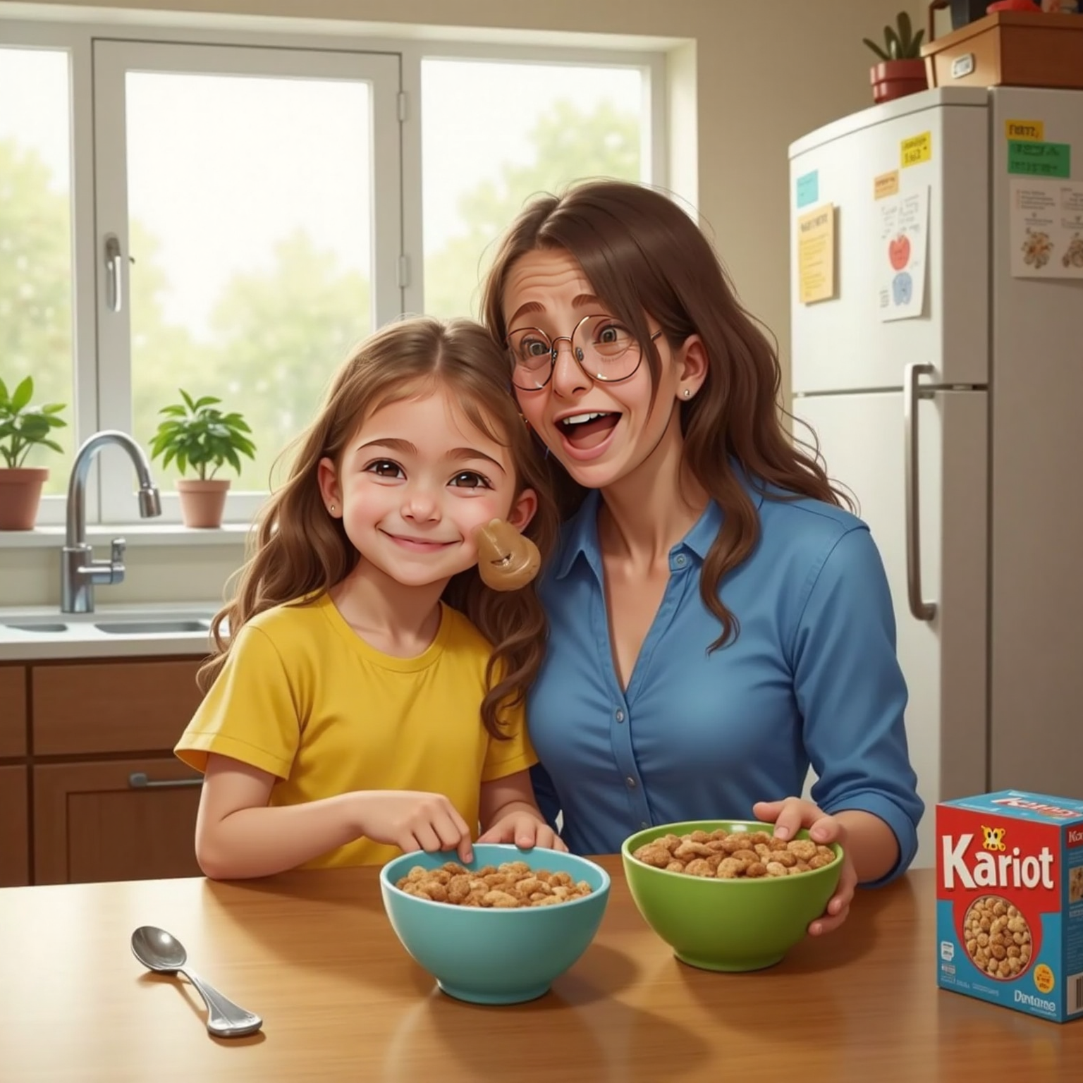 Riki and Mommy sitting at the kitchen table, eating Kariot cereal together and laughing. Riki hugs Mommy with a beaming face. The kitchen looks bright and cheerful.