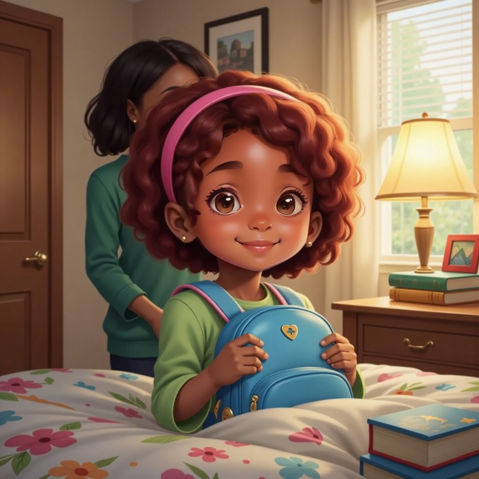 Gabby hugging her soft blue backpack with a pink headband in her hair, sitting up in bed. Mom, a smiling 30yo woman with brown hair in a ponytail, stands by the bedroom door. Sunlight streams through the window.
