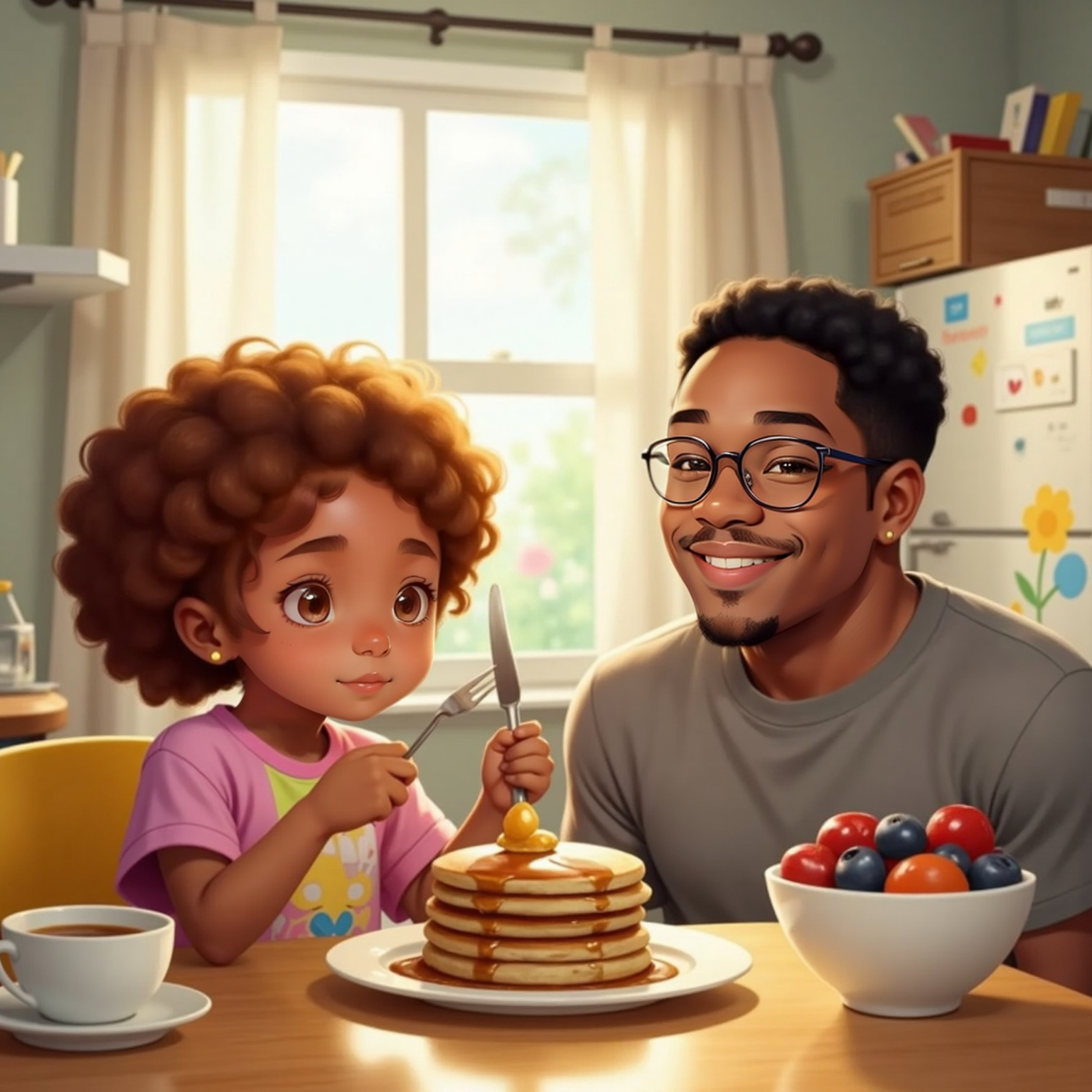 Gabby with a thoughtful expression, poking pancakes at a kitchen table. Dad, a 32yo man with short black hair and a gentle smile, sits across from her. A bright kitchen background.