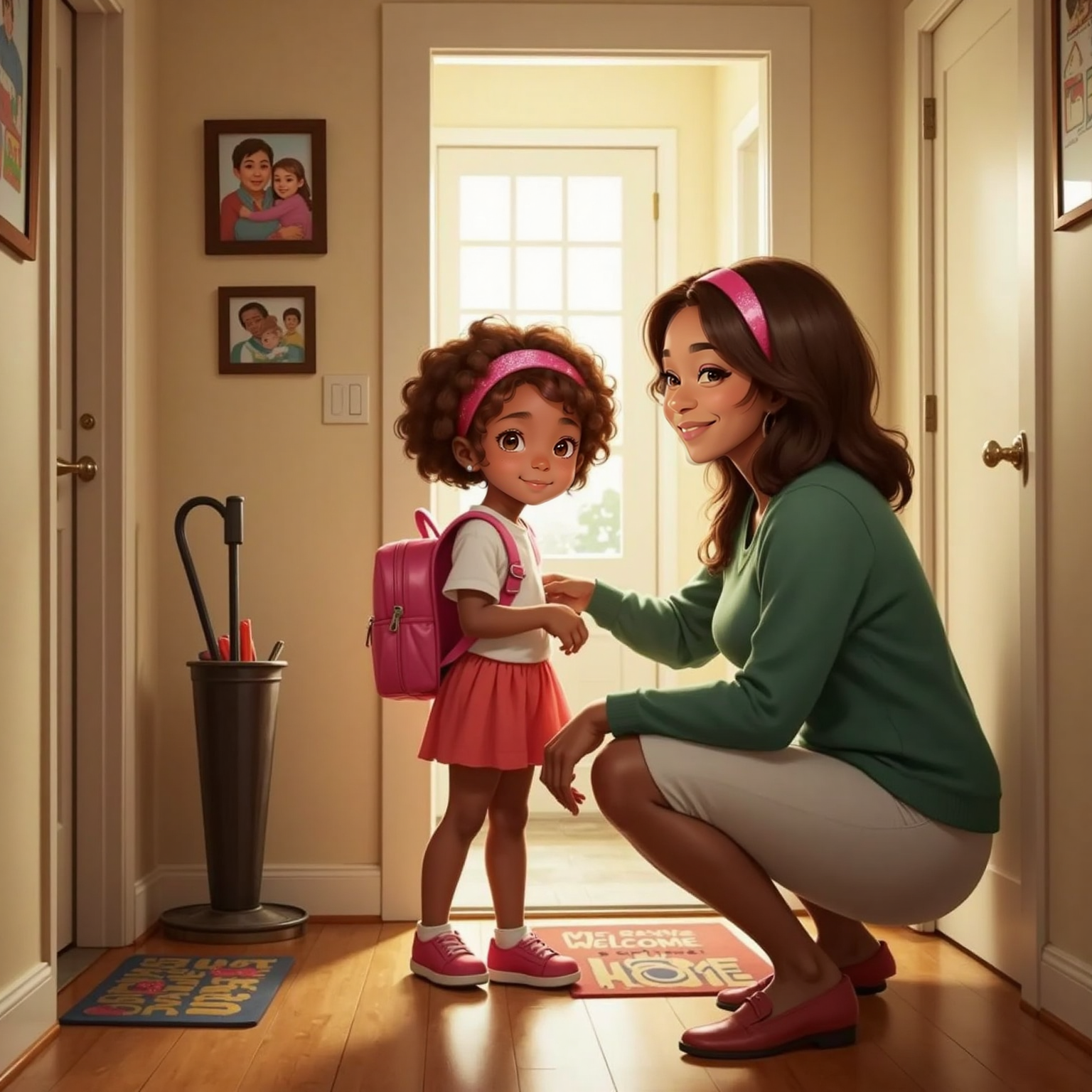Gabby with neatly brushed hair, a sparkling pink headband, and tied shoes, standing by the front door. Mom kneels beside her, adjusting Gabby’s backpack. A hallway with family photos in the background.