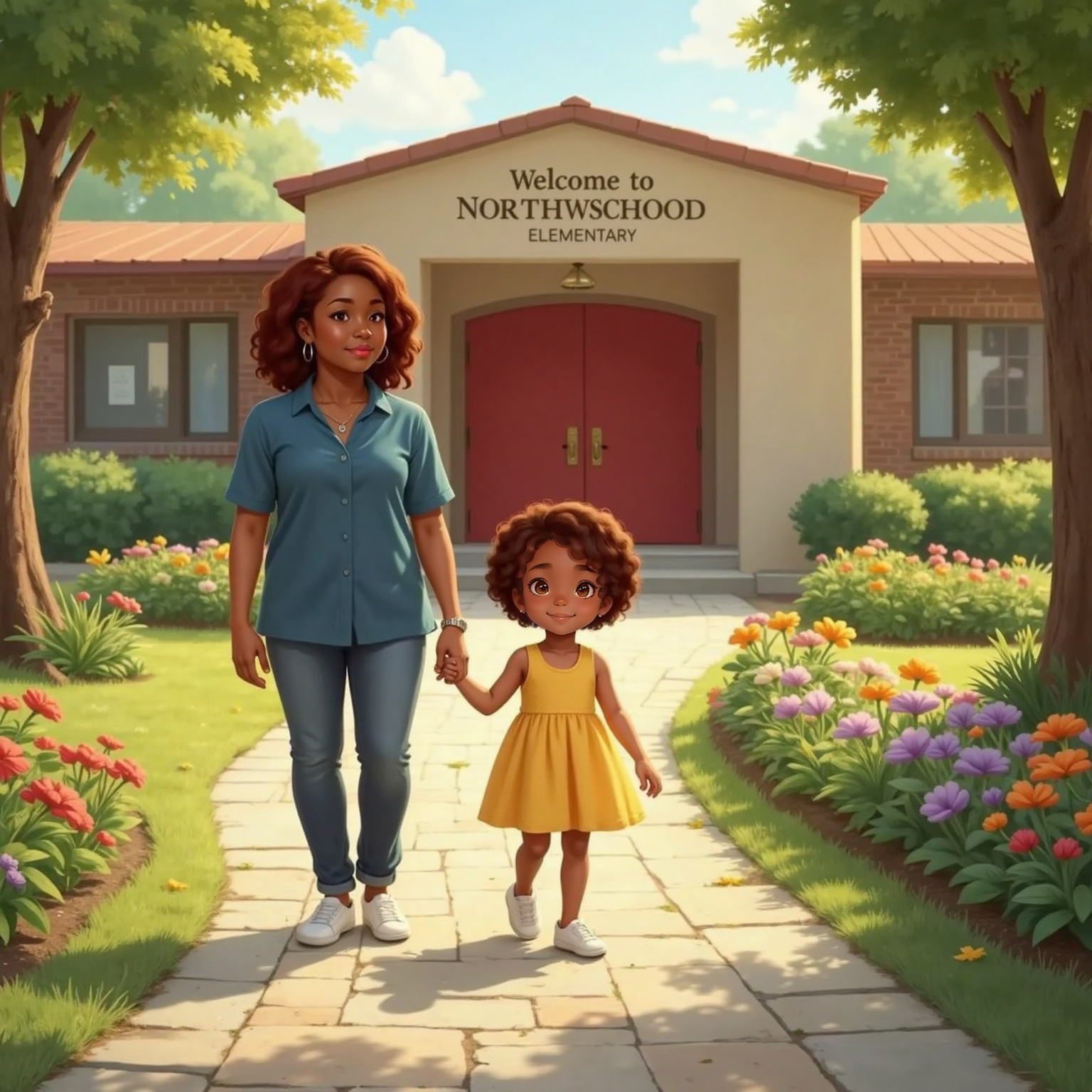 Gabby holding Mom’s hand, walking along a path lined with blooming flowers. The red school door is visible ahead.