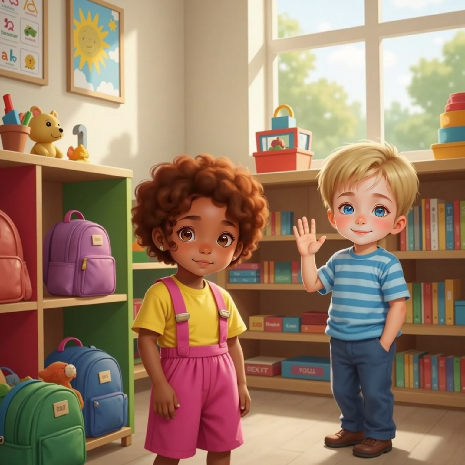 Gabby standing by the cubbies with a shy expression. Leo, a smiling 5yo boy with short curly hair, waves at her. Classroom shelves and toys in the background.