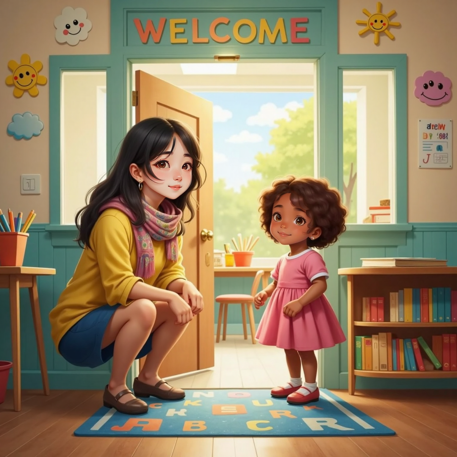 Ms. Wong, a 28yo woman with shoulder-length black hair and a warm smile, kneels to greet Gabby at the classroom entrance. Colorful letters and pictures decorate the classroom walls.