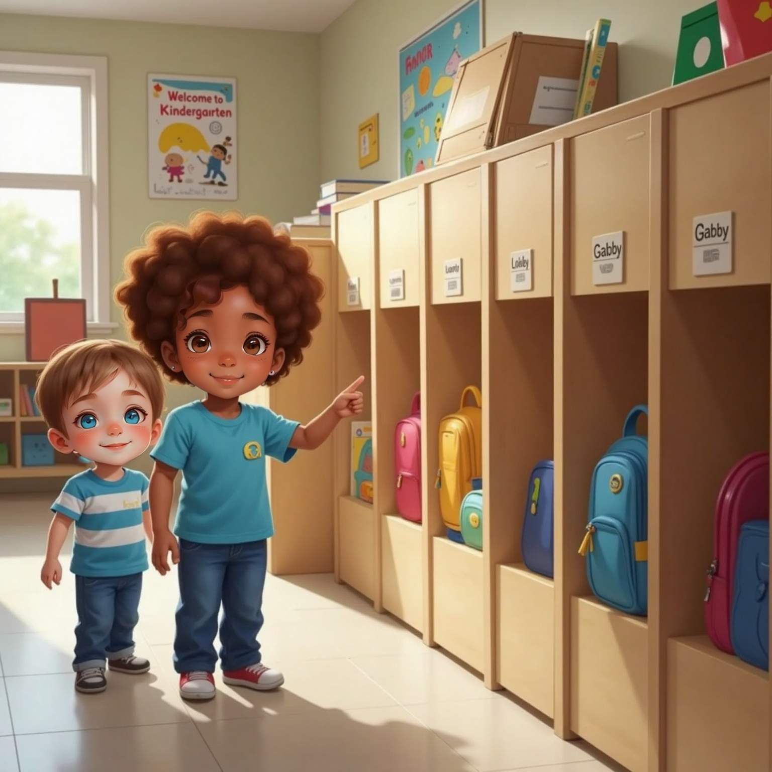 Gabby, looking curious, finds her name on a cubby. Leo points at the cubby, smiling. Gabby’s soft blue backpack is tucked inside. Classroom cubby area in the background.