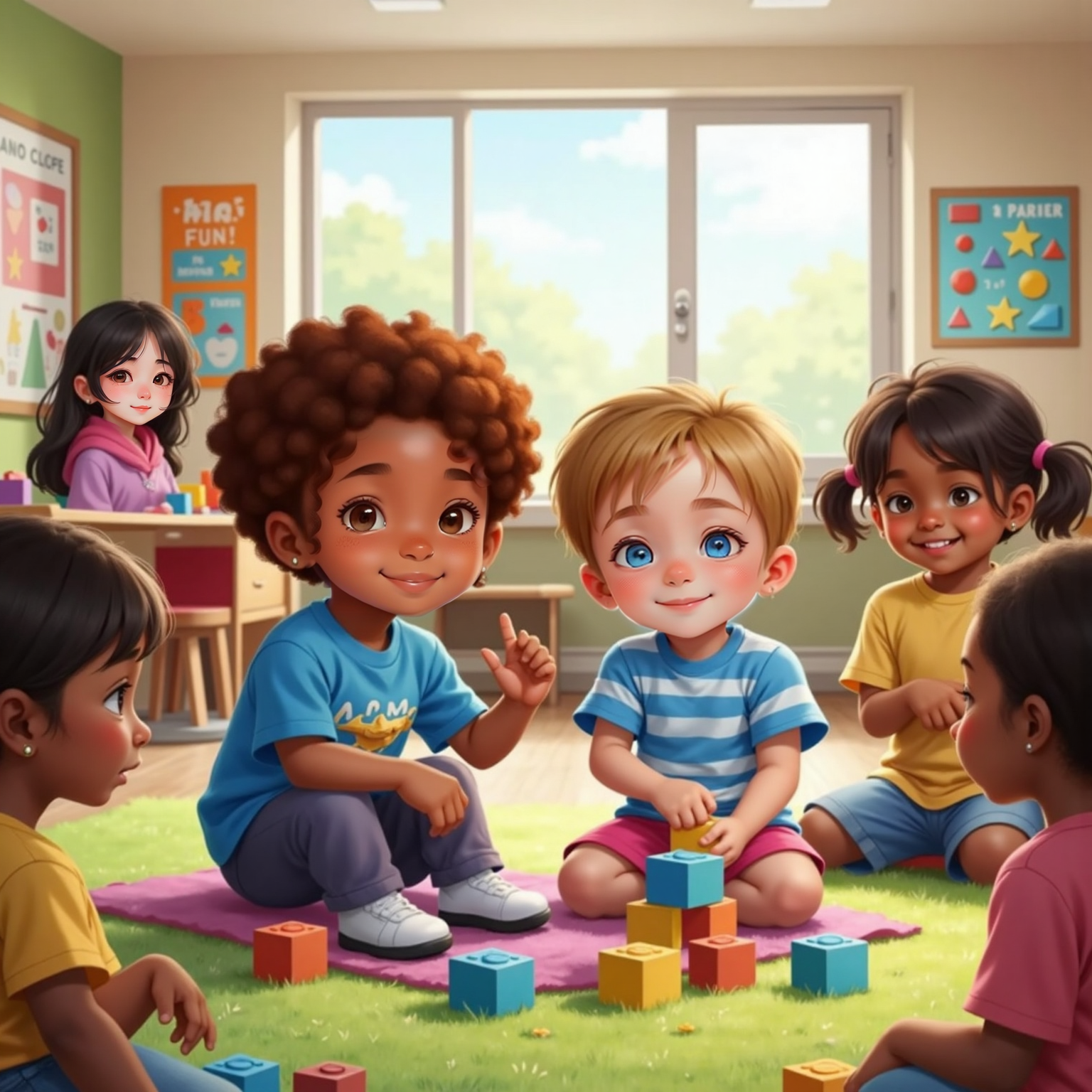 Gabby and Leo sitting on a bright rug in a circle with other children. Gabby is smiling, saying 'Purple!' Leo grins at her. Ms. Wong sits nearby, classroom posters in the background.