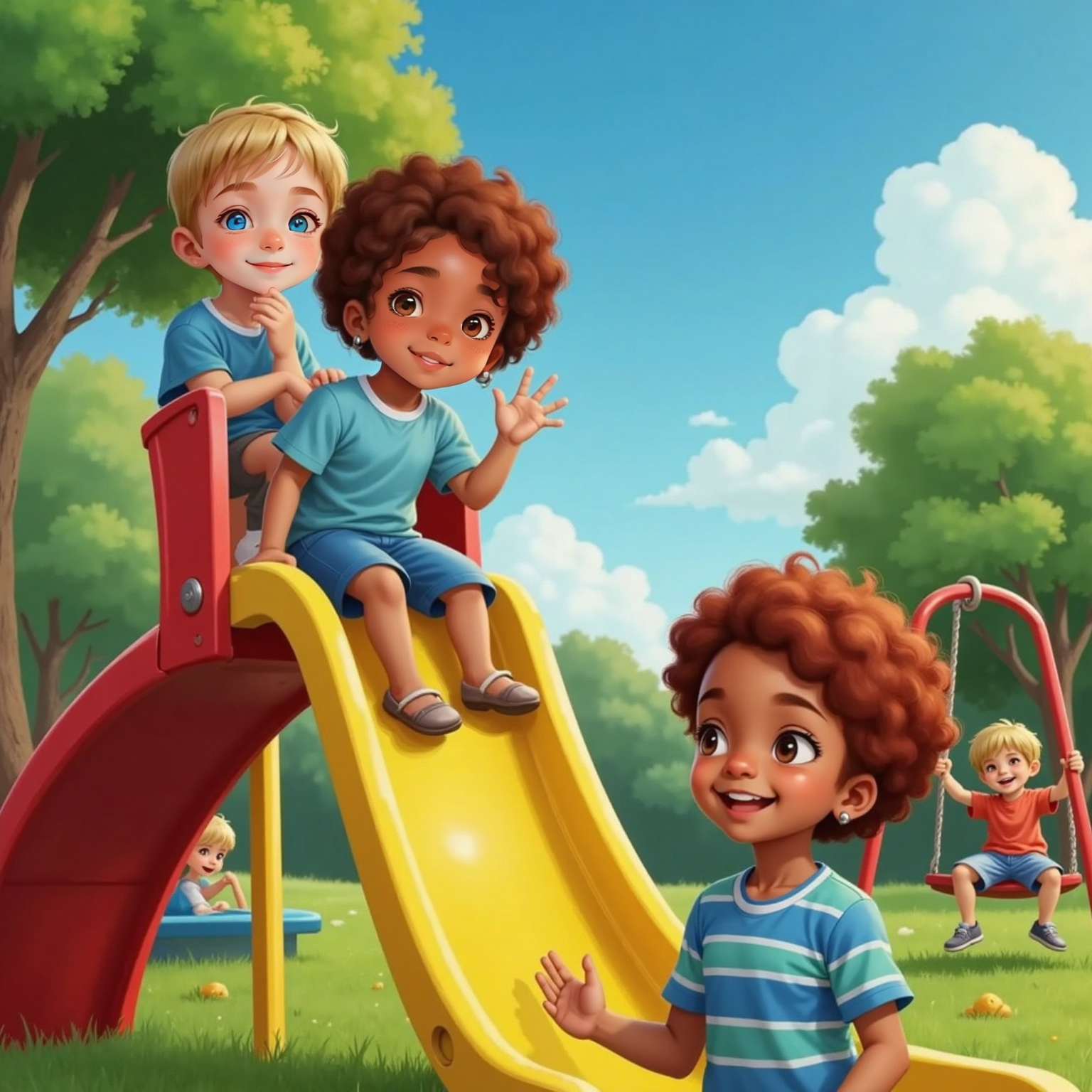 Gabby laughing as she climbs a ladder to the slide. Leo waves from the top. Other kids play nearby. Playground with trees and a blue sky in the background.