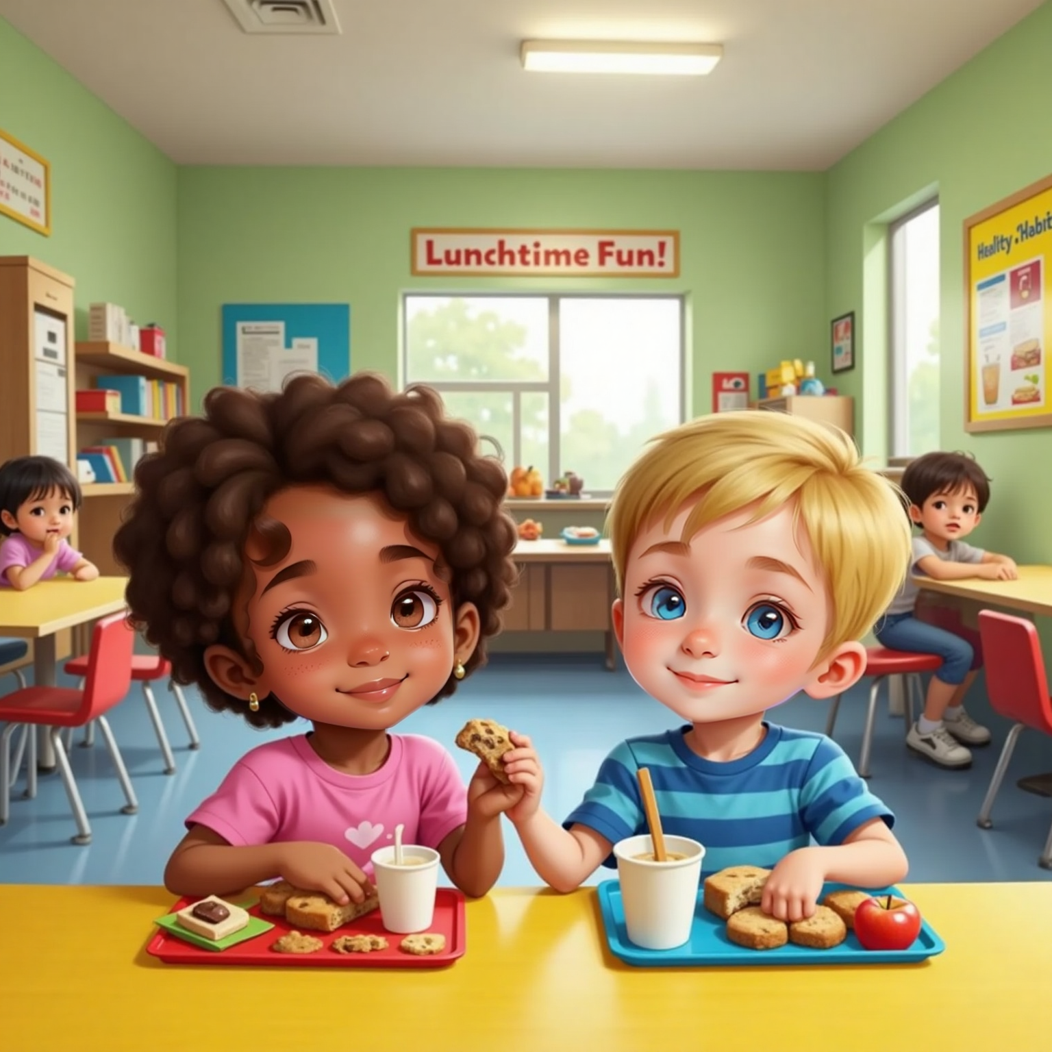 Gabby and Leo sitting side by side at a lunchroom table. Gabby smiles, offering half her cookie to Leo. Lunch trays and a cheerful cafeteria in the background.