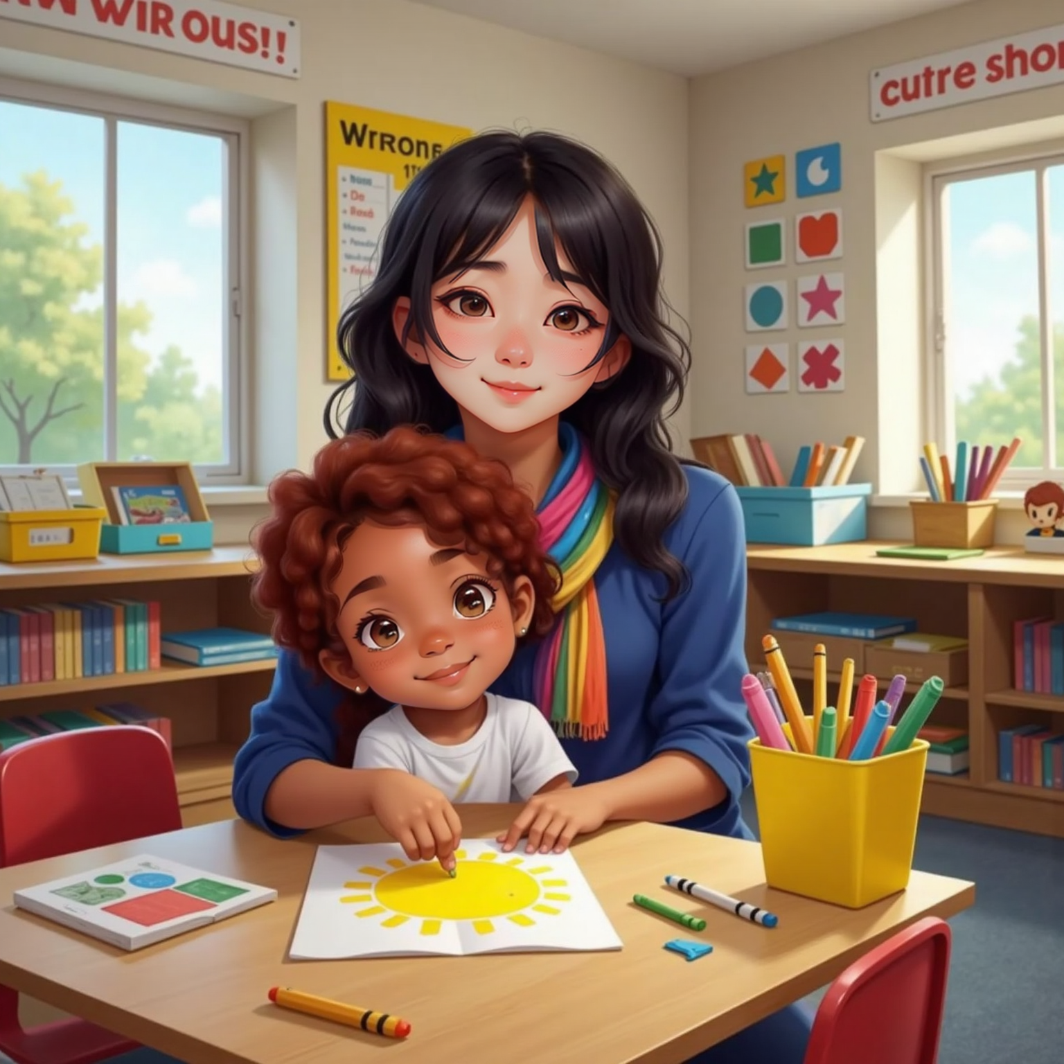 Gabby coloring a big, bright sun at a table. Ms. Wong stands behind her, smiling proudly. Art supplies and children’s drawings cover the classroom walls.