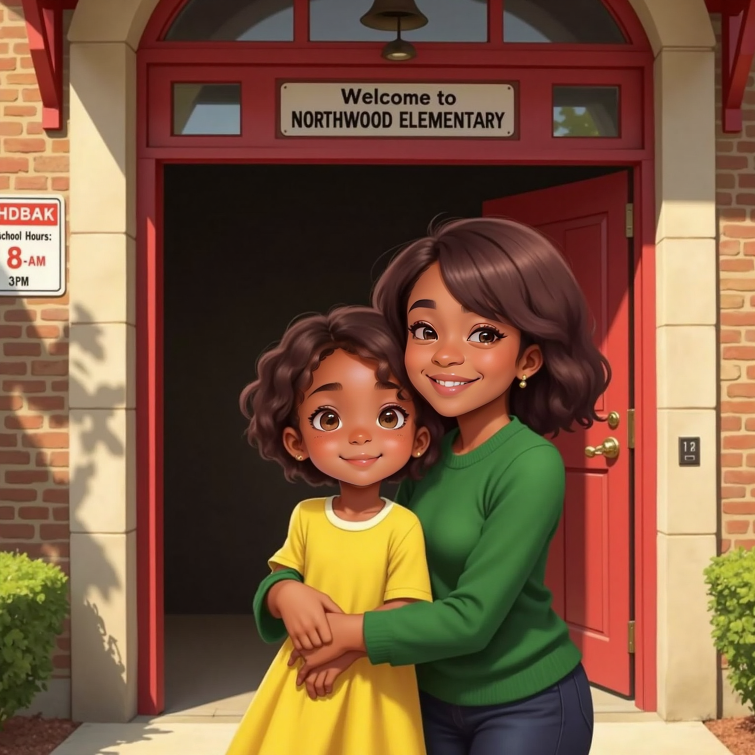 Gabby running into Mom’s arms at the red school door. Gabby grins, Mom hugs her tightly, looking proud. The school entrance and afternoon sunlight in the background.