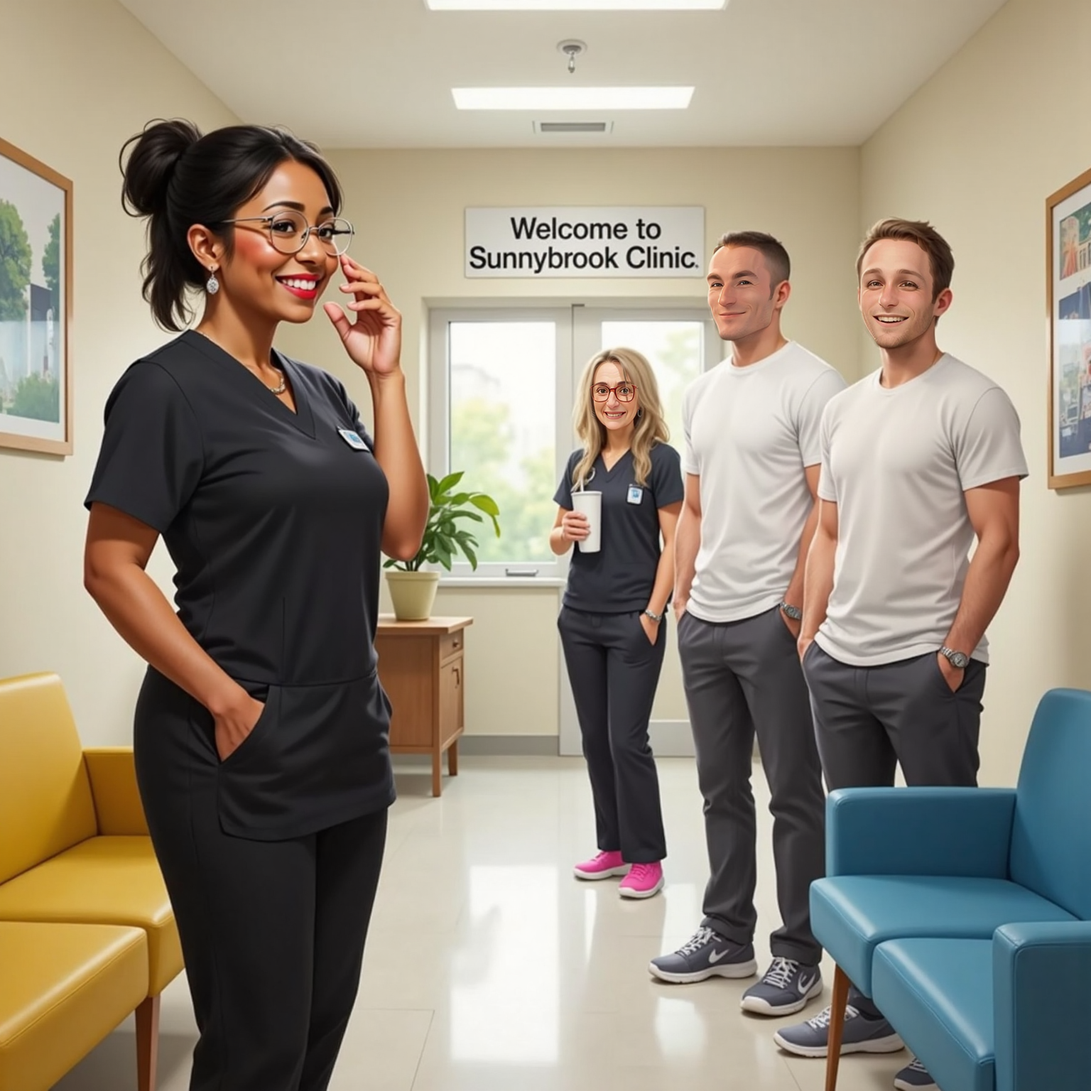 Paola, a 38-year-old woman with clear glasses, smiling and adjusting her glasses while standing beside Kathy, a 32-year-old woman, in a bright medical waiting room. Brandon, a 32-year-old man, and Christian, a 32-year-old man, standing nearby, both smiling supportively.