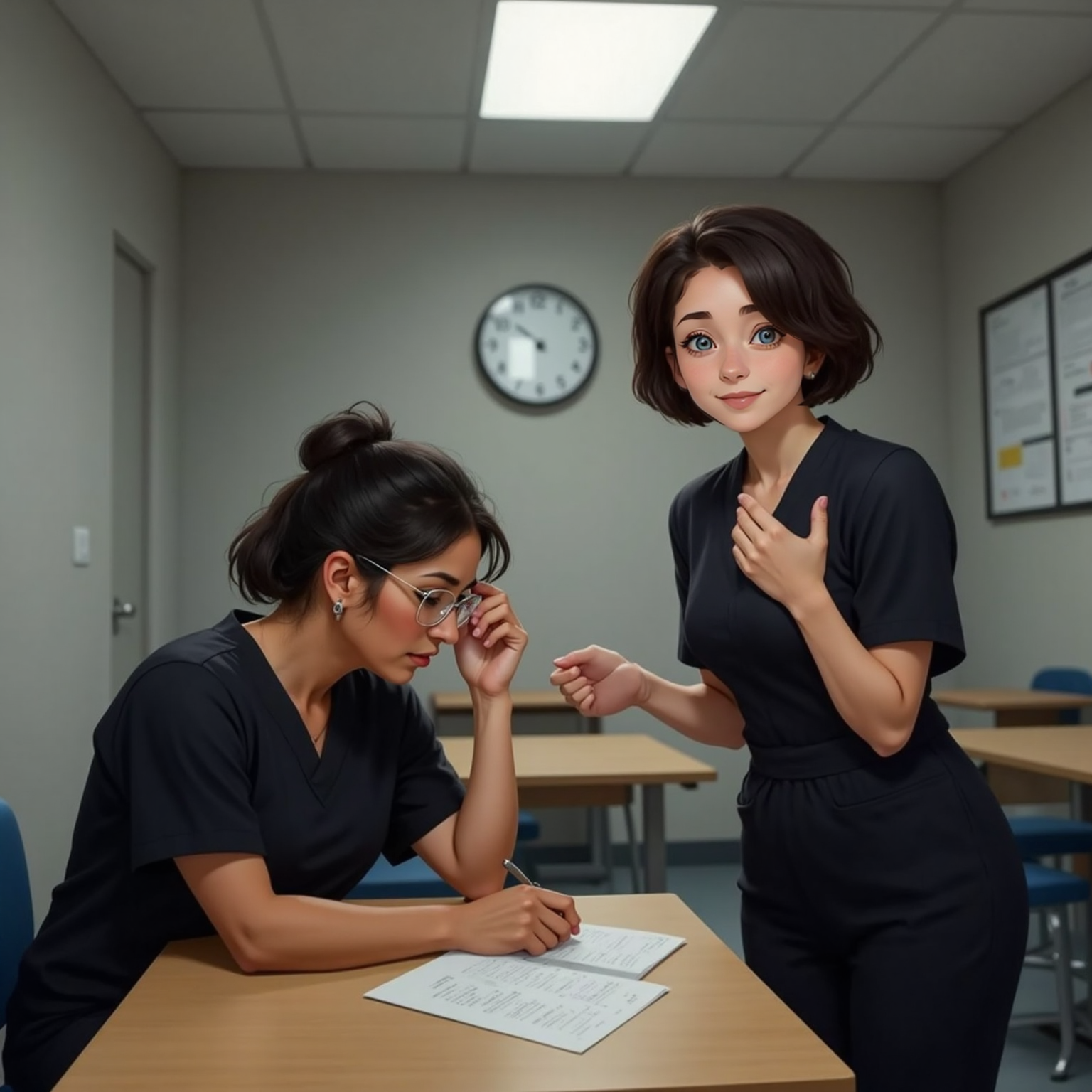 Paola, with clear glasses and a worried expression, sitting at a desk with a test paper in front of her. Sarah, a 43-year-old woman, standing nearby, giving Paola a thumbs up and mouthing encouragement. A quiet exam room setting.