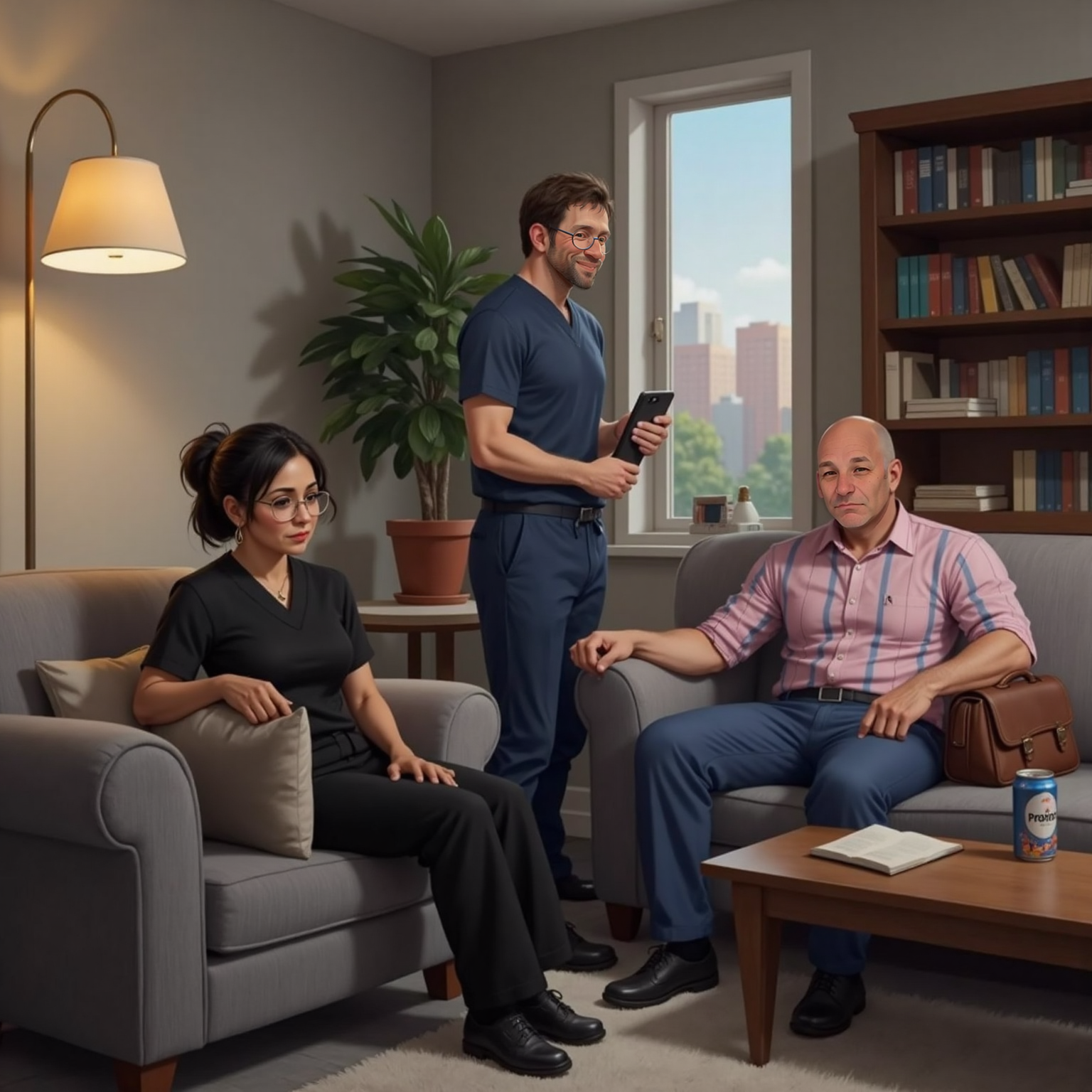 Paola, looking sad and slumped in a chair, with Wittrock, a 43-year-old man, sitting beside her, looking concerned. Sam, a 43-year-old man, standing by holding a phone, displaying a search about heart problems. A cozy lounge area in the background.