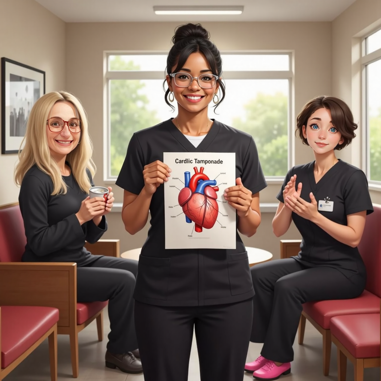 Paola, grinning proudly, standing in front of her friends in a sunny room. Sarah clapping and Kathy winking at her. Paola is holding a sheet of paper with a heart diagram labeled 'Cardiac Tamponade.'