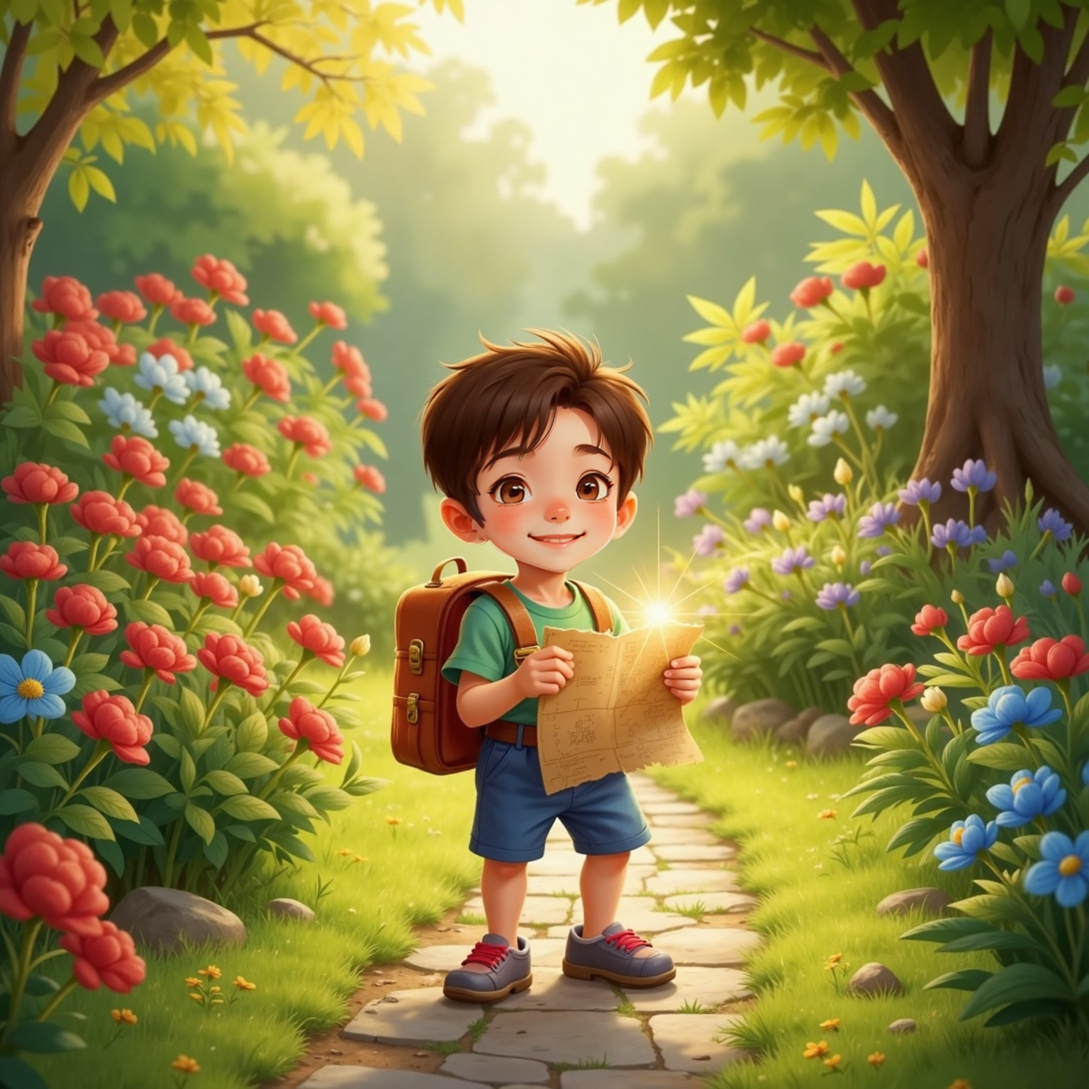 Cipi Coco standing in a sunny garden, holding a sparkly map and wearing a backpack, with flowers and greenery around him. His face shows excitement and curiosity.